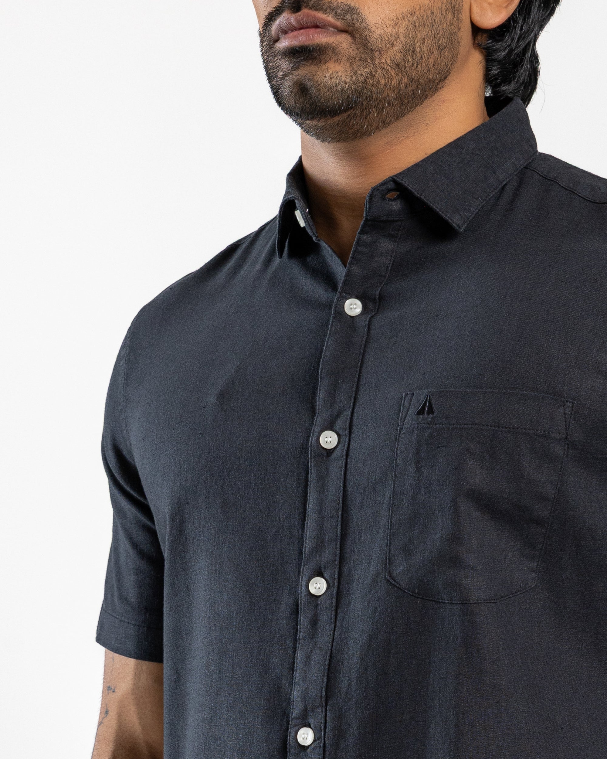 VISCOSE LINEN Short Sleeve Shirt - Midnight Black