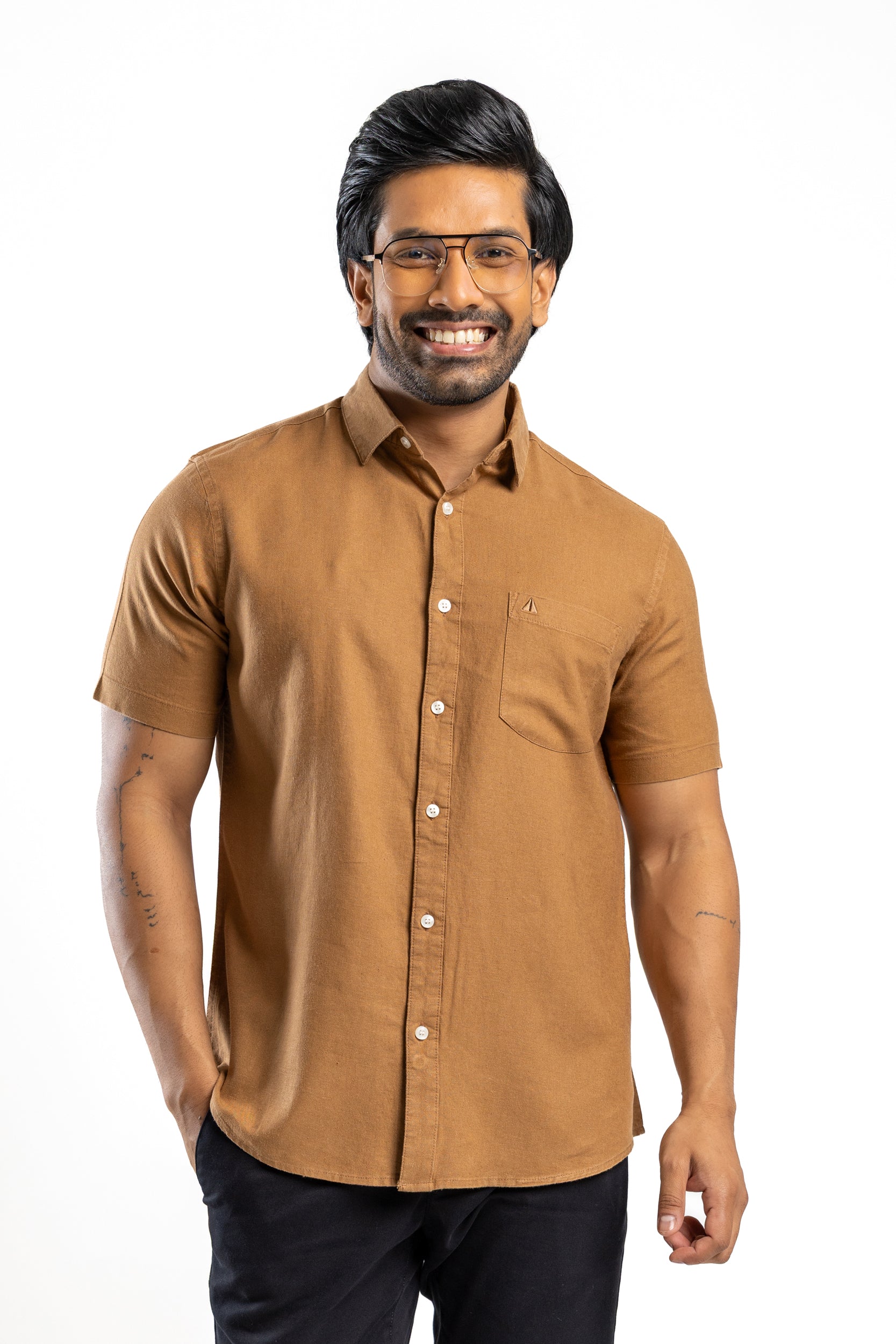 VISCOSE LINEN Short Sleeve Shirt - Khaki