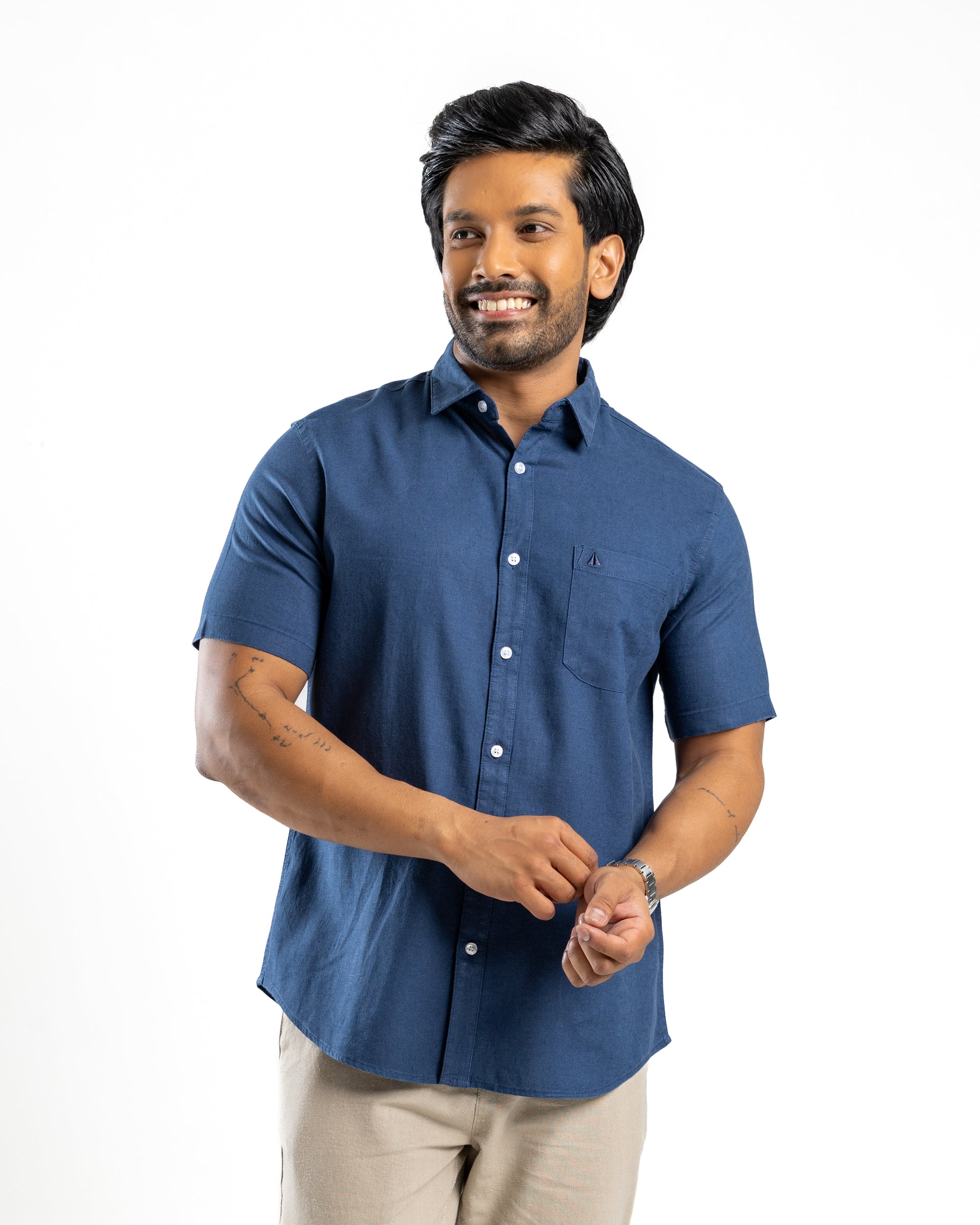 VISCOSE LINEN Short Sleeve Shirt - Deep Ocean Navy