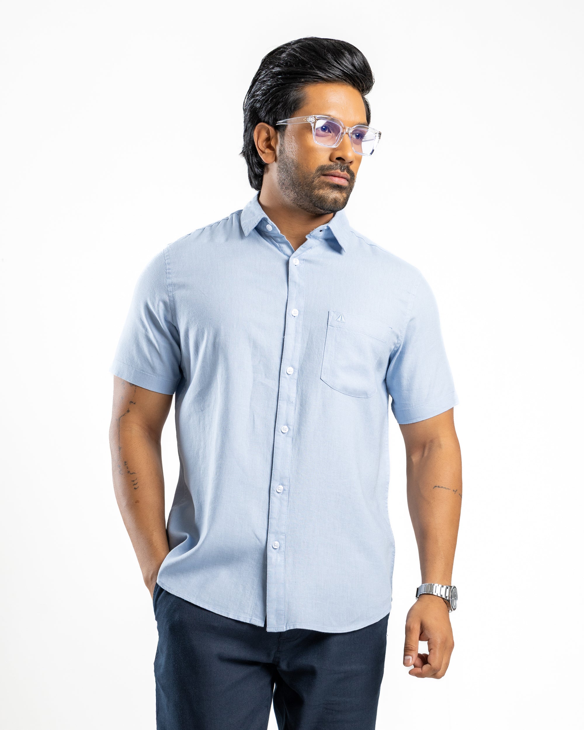VISCOSE LINEN Short Sleeve Shirt Light Blue
