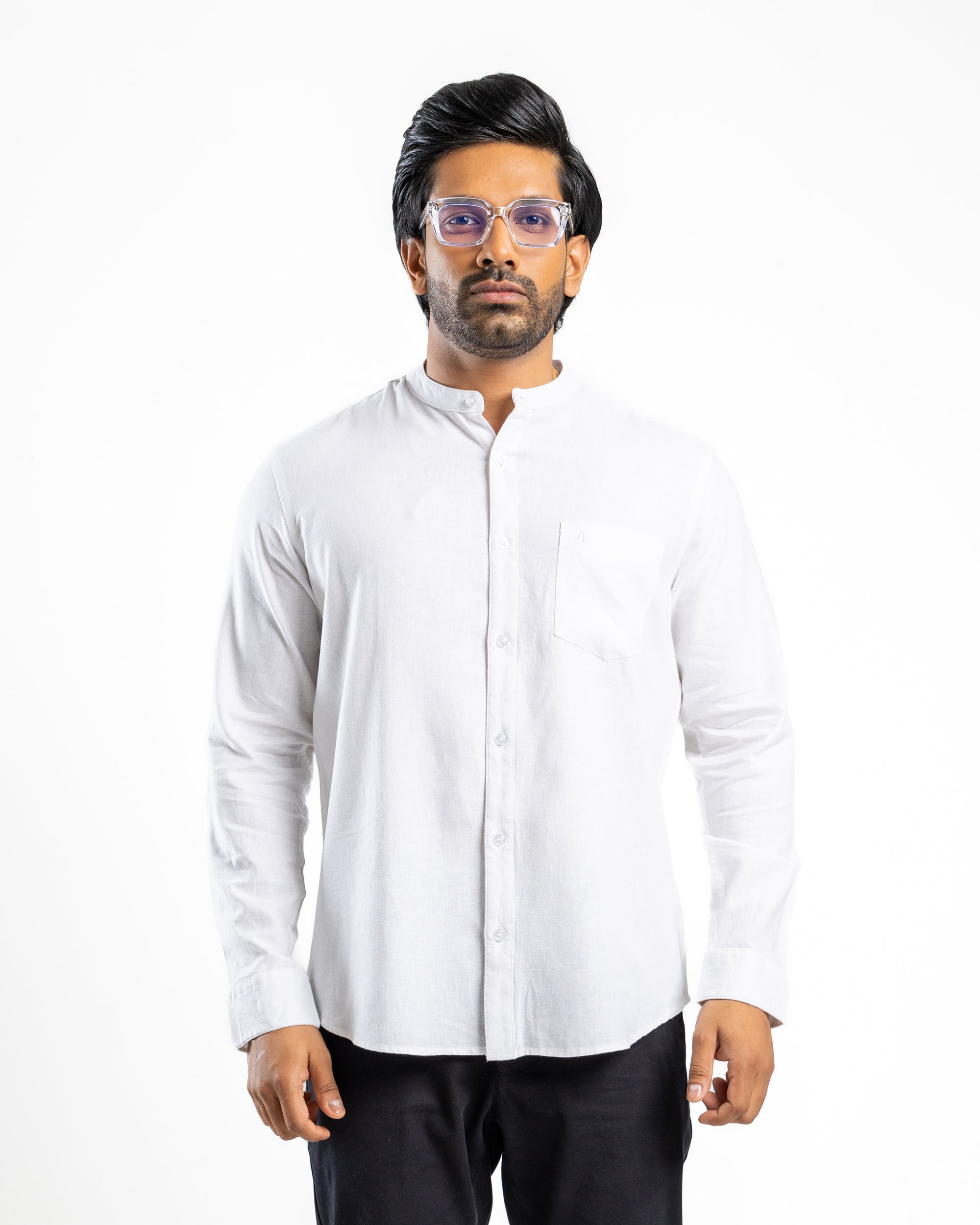 VISCOSE LINEN Long Sleeve Chinese Collar Shirt - Pure Alpine White