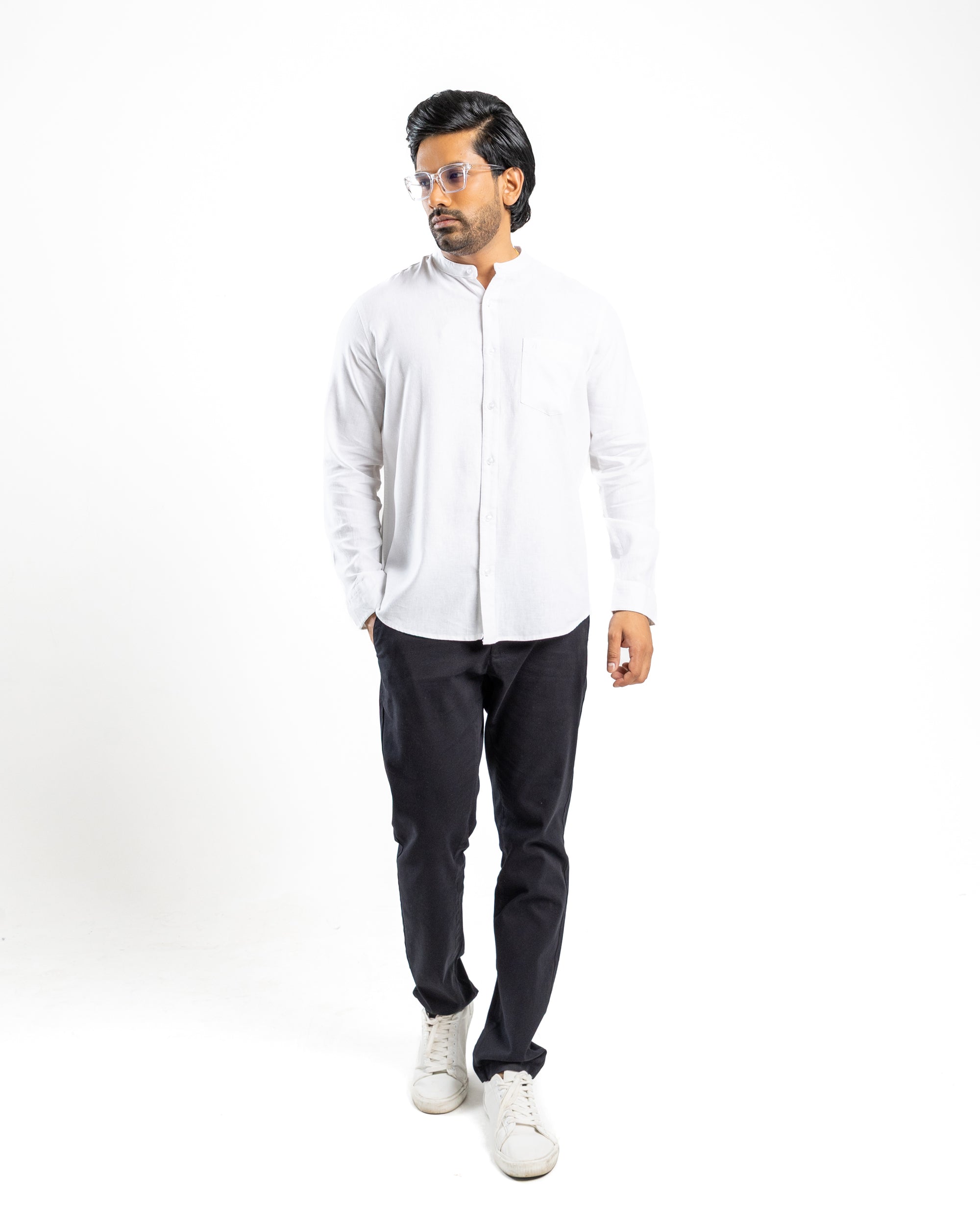 AnationZ Fluid Linen Chinese Collar Shirt - Alpine White Sri Lanka
