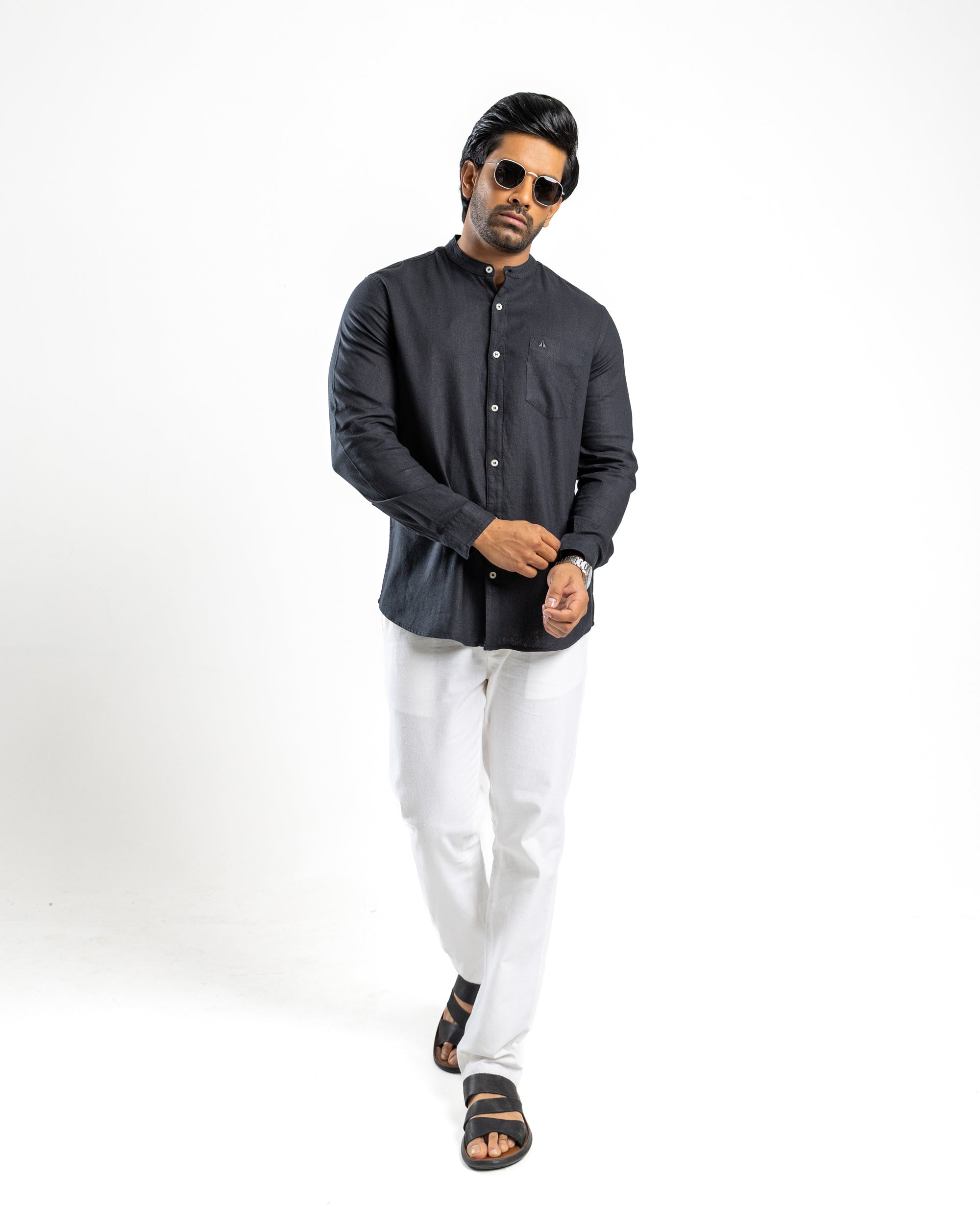 AnationZ Fluid Linen Chinese Collar Shirt - Midnight Onyx Sri Lanka