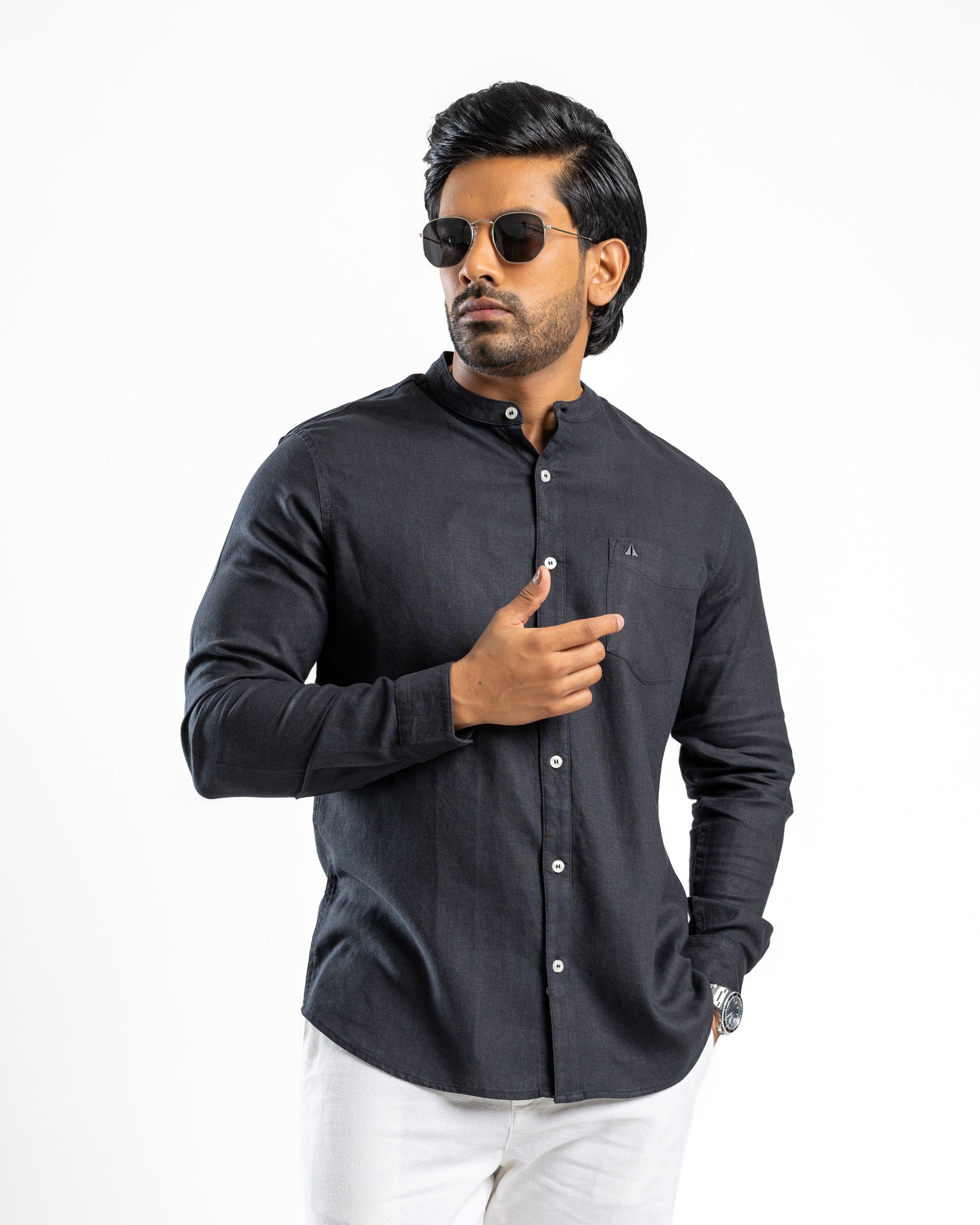 VISCOSE LINEN Long Sleeve Chinese Collar Shirt - Midnight Black