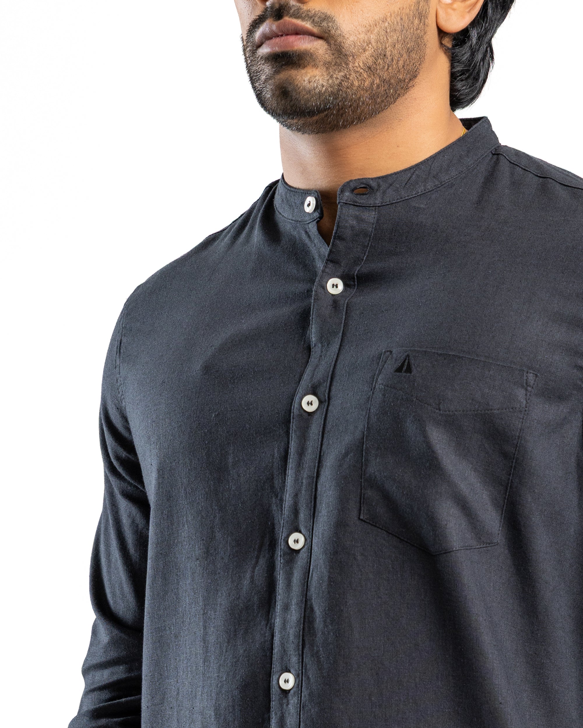 AnationZ Fluid Linen Chinese Collar Shirt - Midnight Onyx Sri Lanka