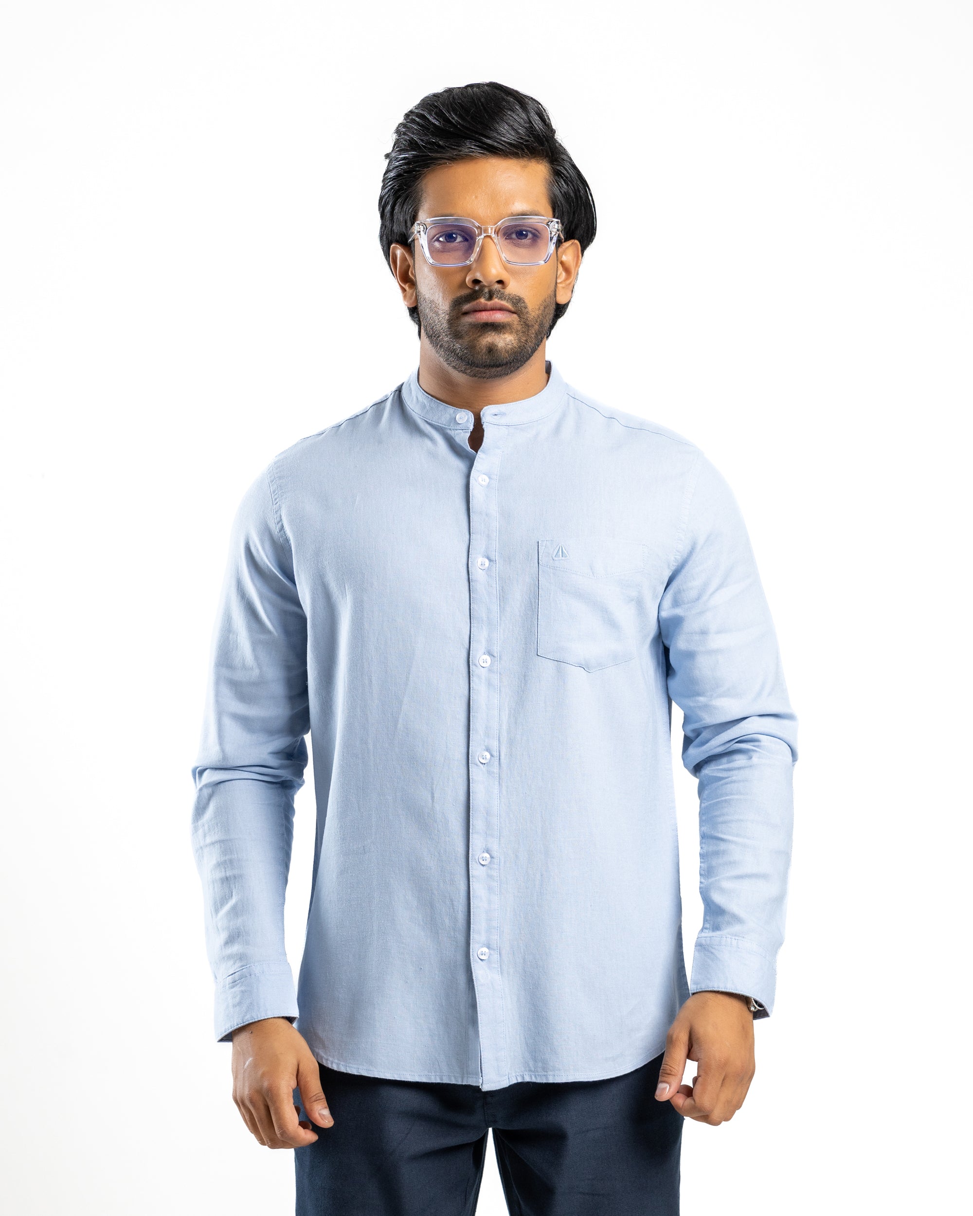 VISCOSE LINEN Long Sleeve Chinese Collar Shirt - Light Blue