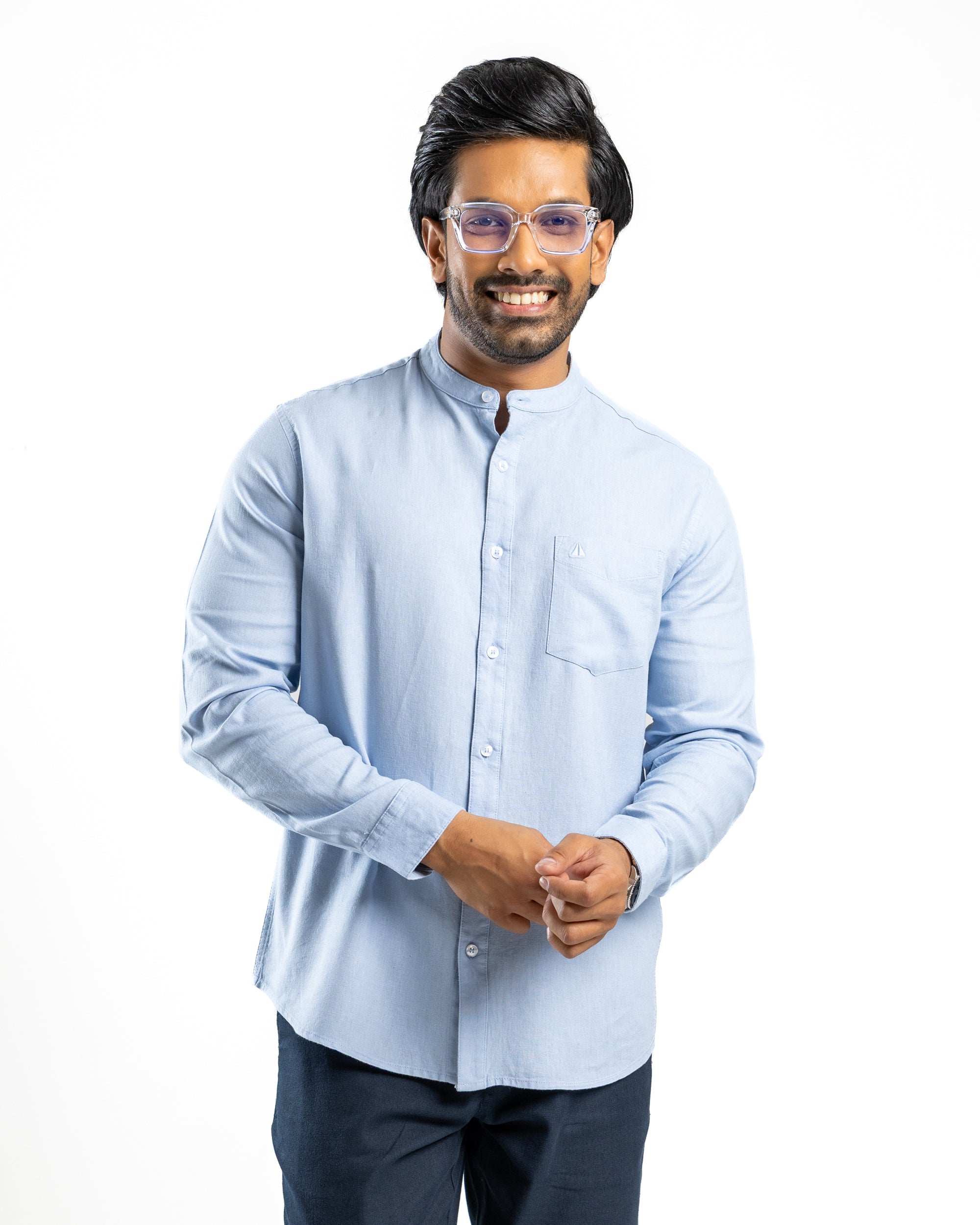 Fluid Linen Chinese Collar Shirt - Glacial Blue