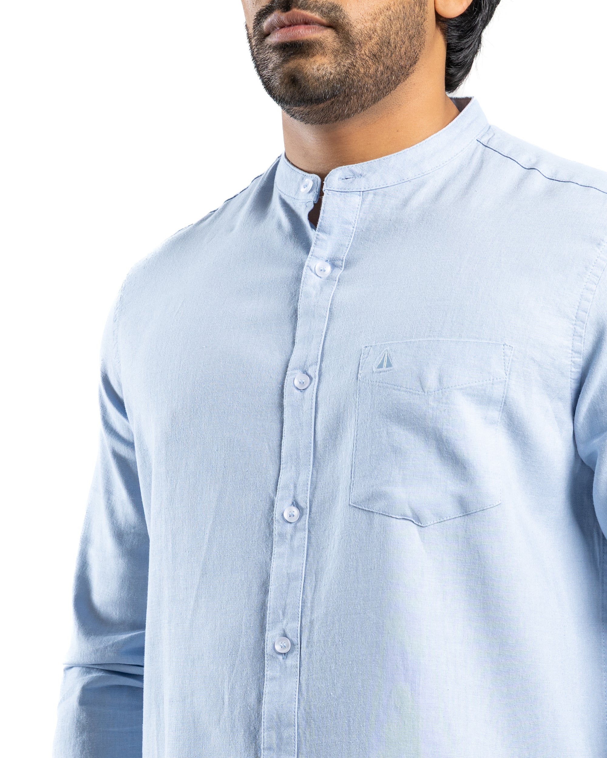 VISCOSE LINEN Long Sleeve Chinese Collar Shirt - Light Blue