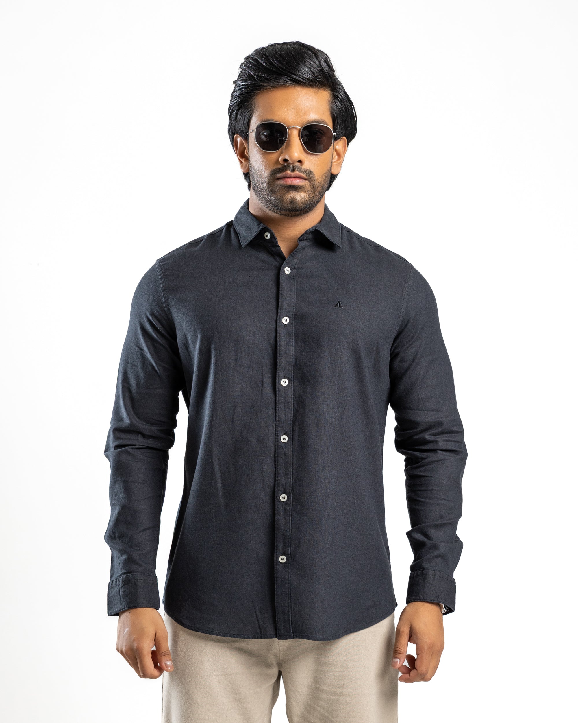 VISCOSE LINEN Long Sleeve Shirt - Midnight Black