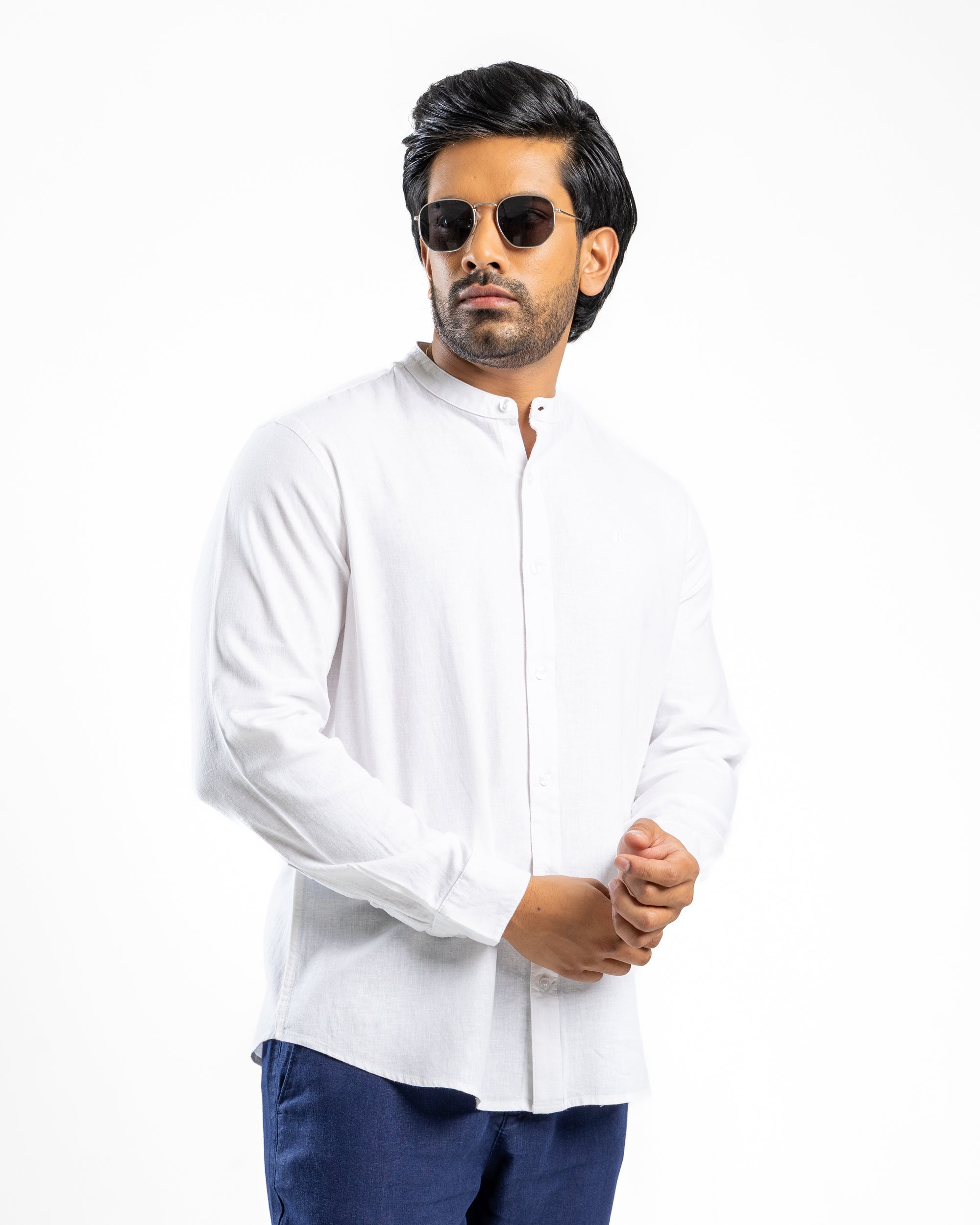 VISCOSE LINEN Long Sleeve Chinese Collar Shirt - Pure Alpine White