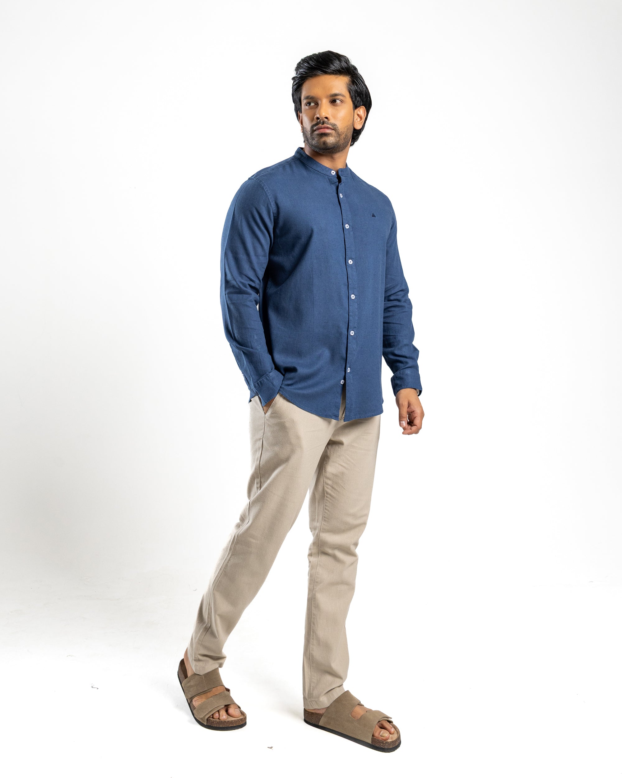 VISCOSE LINEN Long Sleeve Chinese Collar Shirt - Deep Ocean Navy
