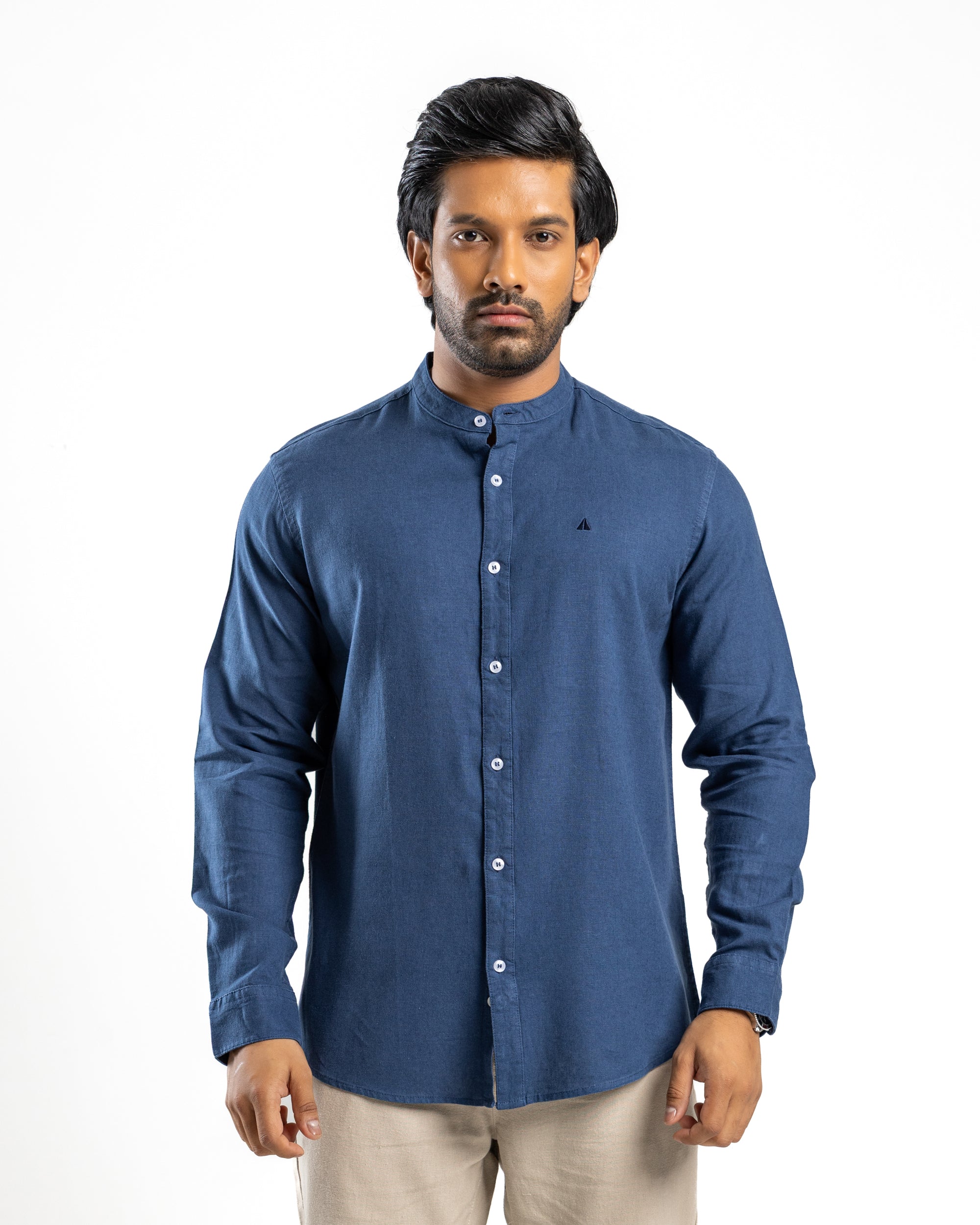 AnationZ Fluid Linen Chinese Collar Shirt - Midnight Ink Sri Lanka