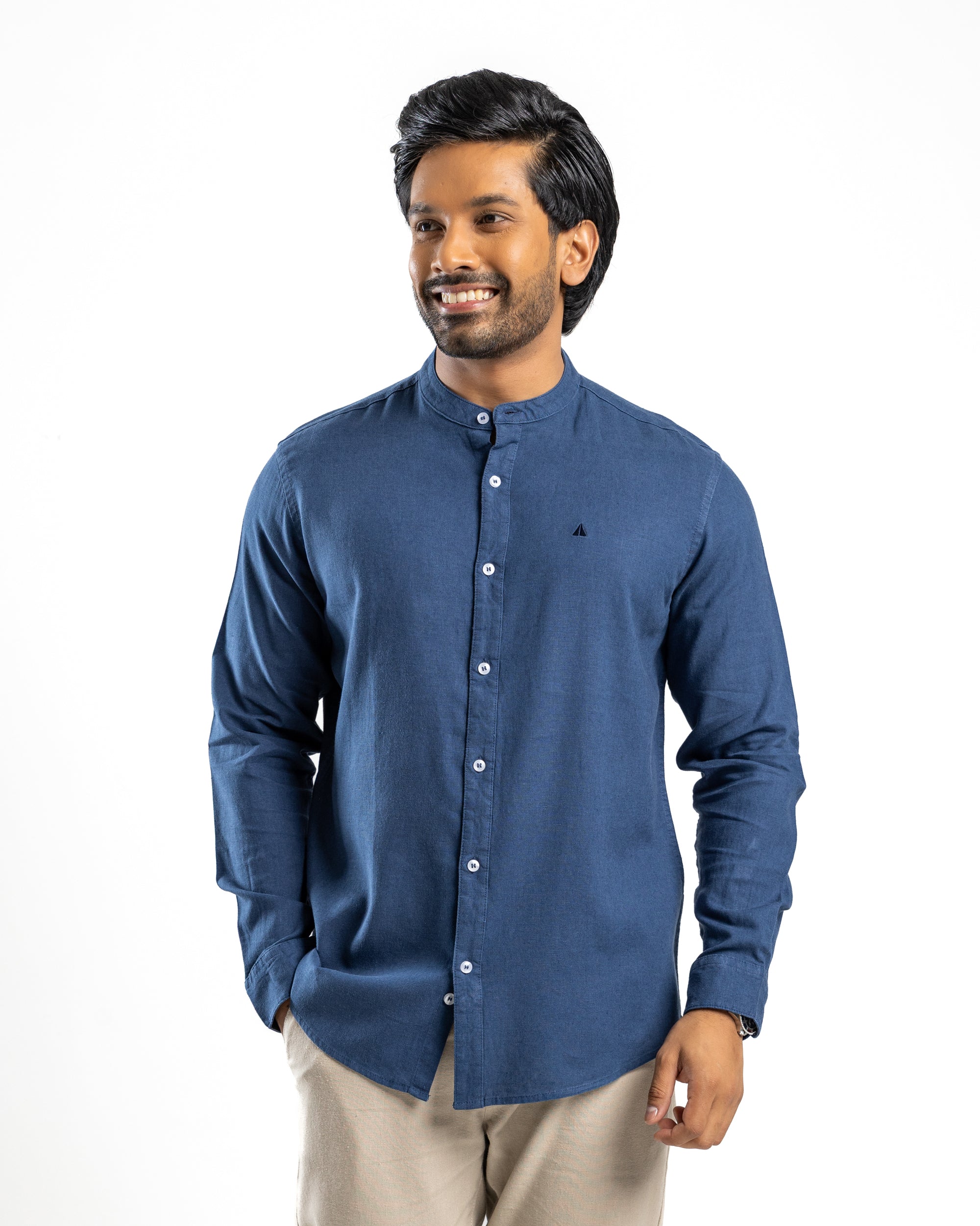 AnationZ Fluid Linen Chinese Collar Shirt - Midnight Ink Sri Lanka