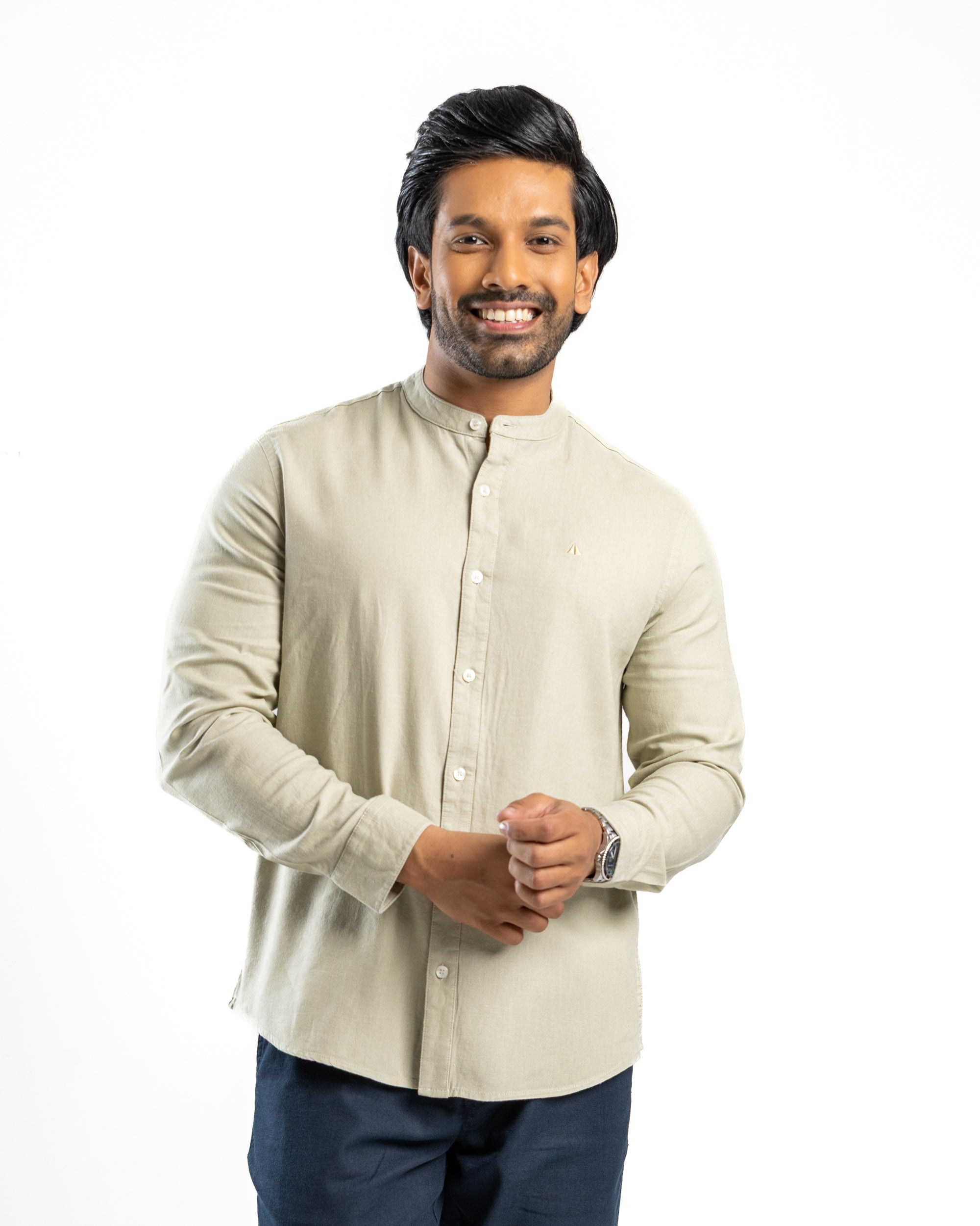 AnationZ Fluid Linen Chinese Collar Shirt - Sage Breeze Sri Lanka
