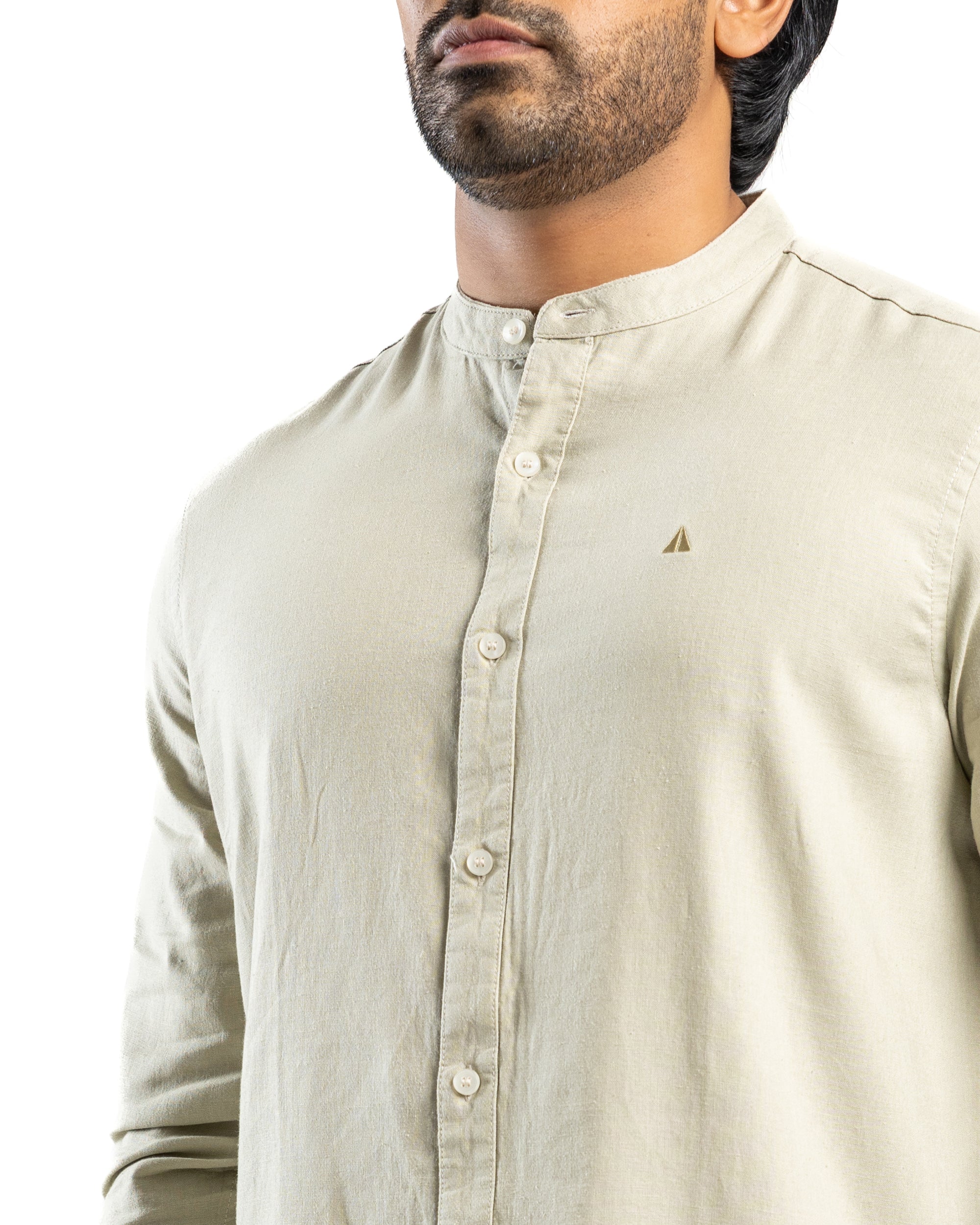 VISCOSE LINEN Long Sleeve Chinese Collar Shirt - Light Green