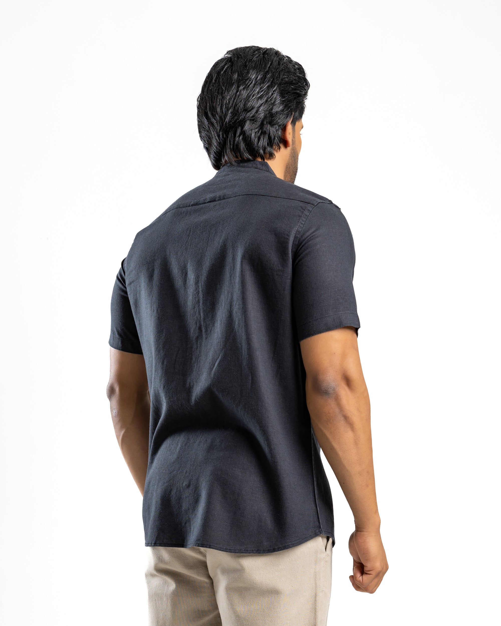 AnationZ Fluid Linen Chinese Collar Shirt - Midnight Onyx Sri Lanka