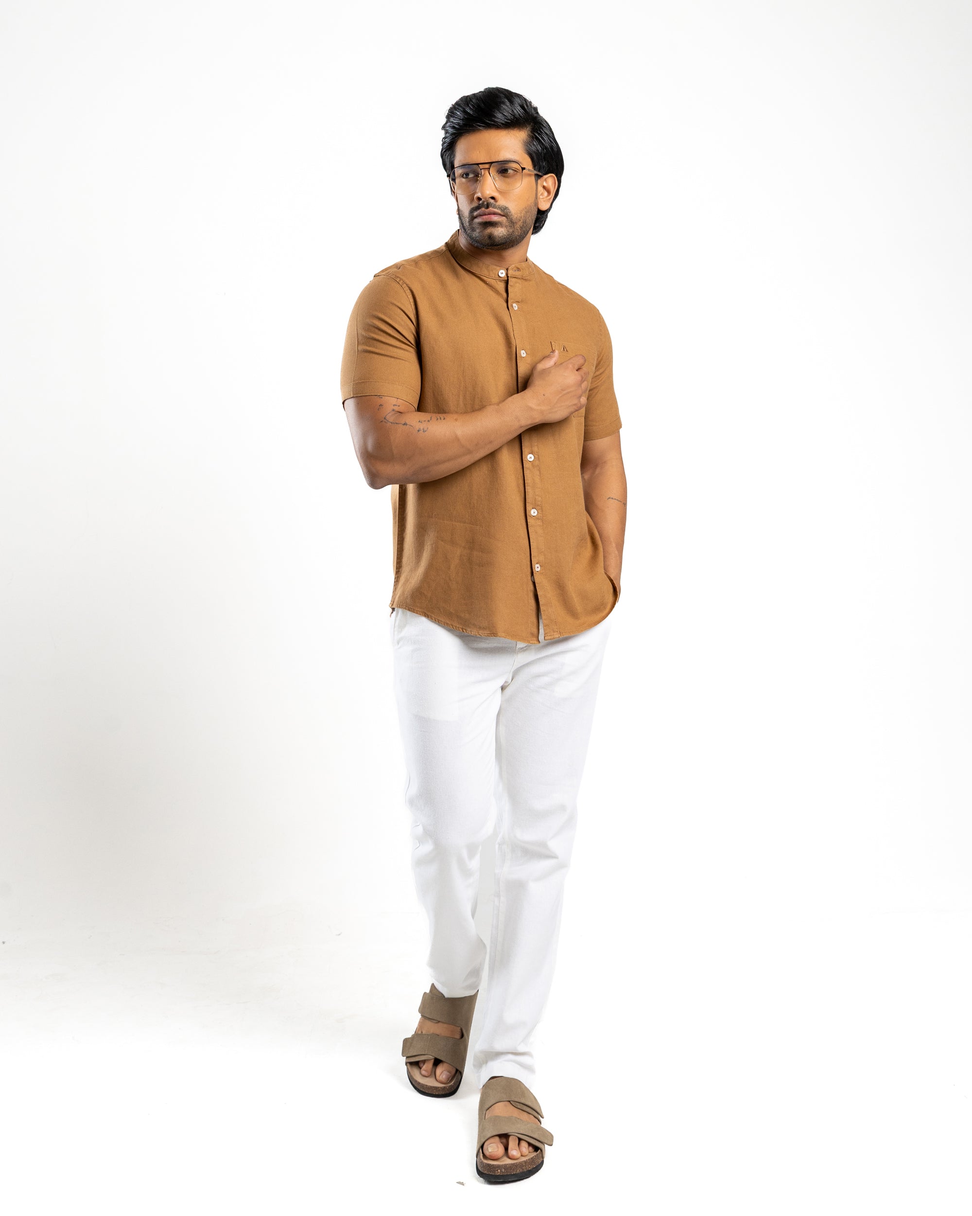AnationZ Fluid Linen Chinese Collar Shirt - Sri Lanka