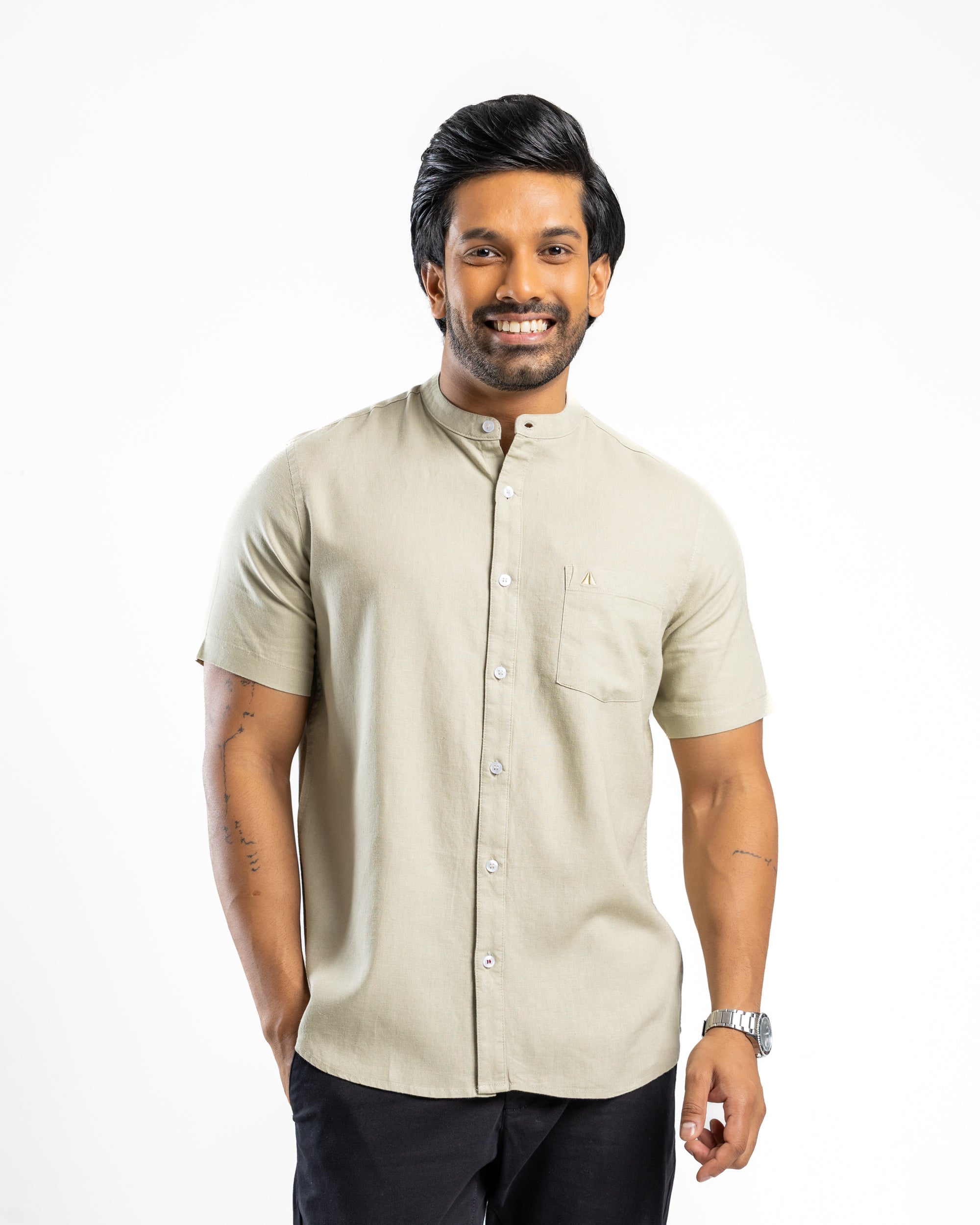 AnationZ Fluid Linen Chinese Collar Shirt - Sage Breeze Sri Lanka