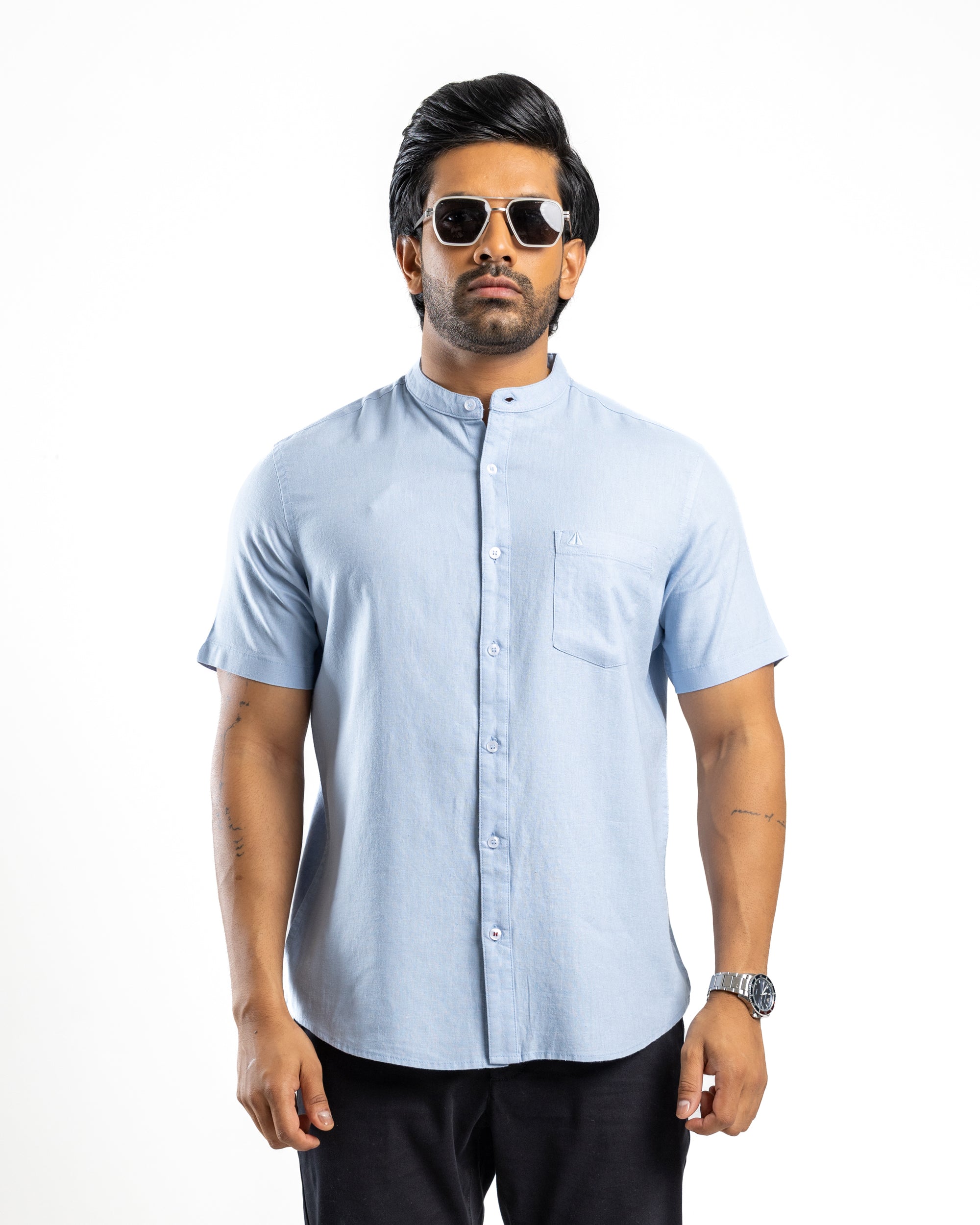 AnationZ Fluid Linen Chinese Collar Shirt - Glacial Blue Sri Lanka