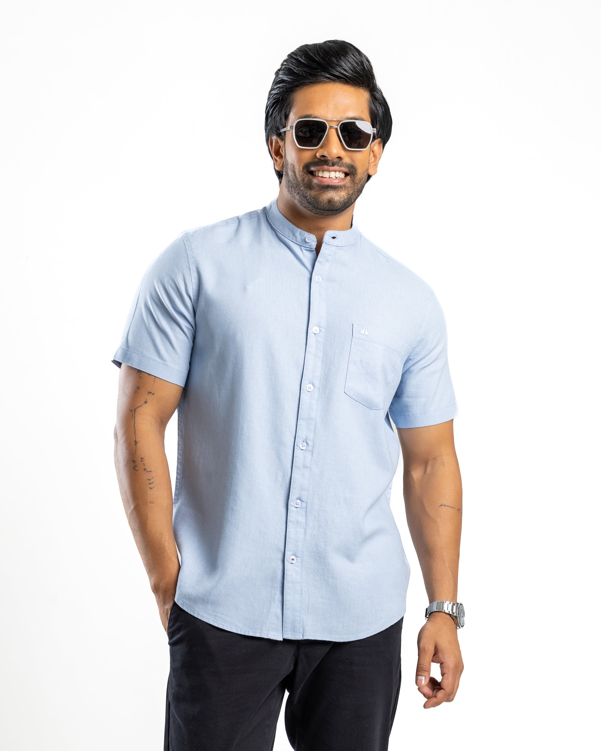 AnationZ Fluid Linen Chinese Collar Shirt - Glacial Blue Sri Lanka