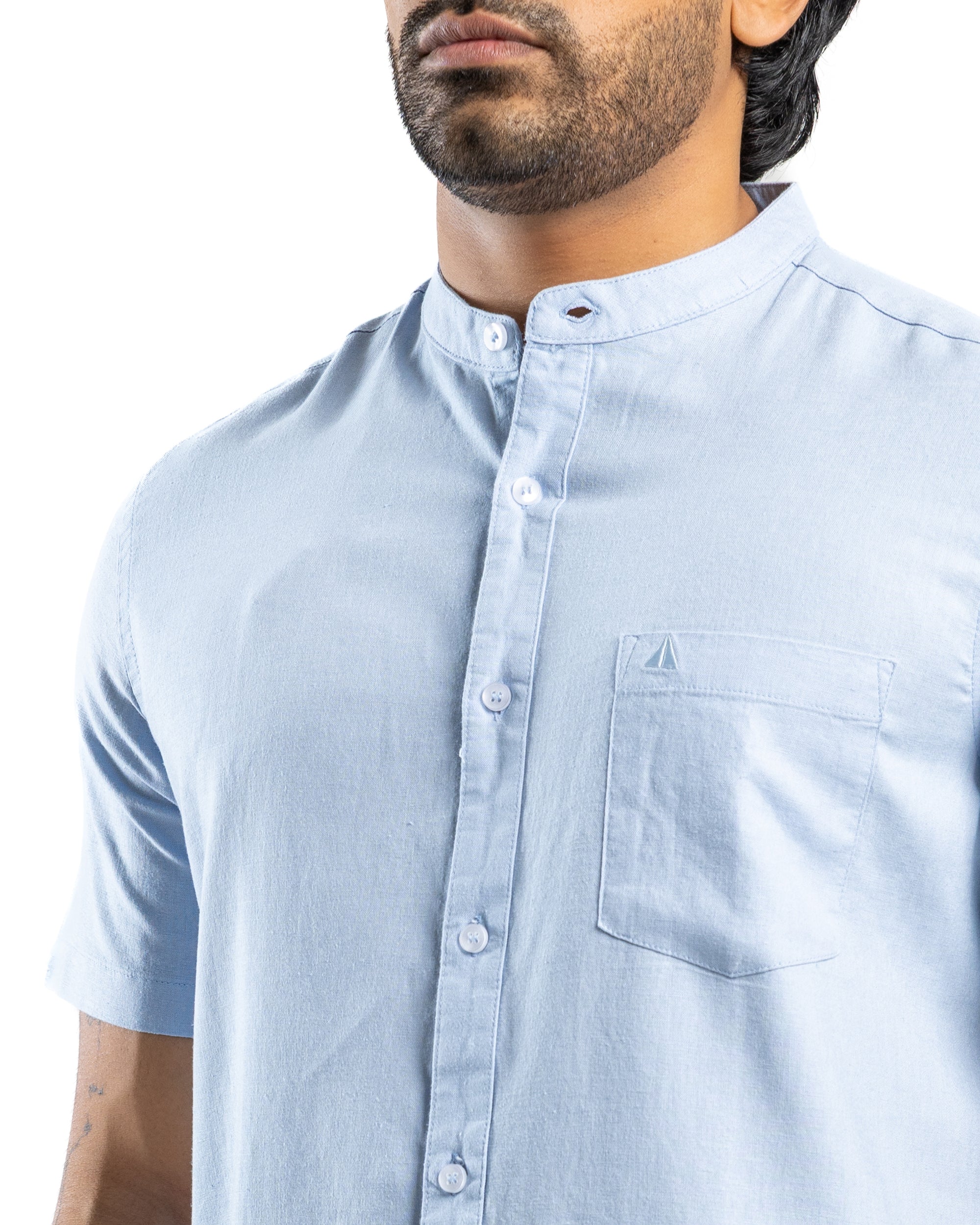 AnationZ Fluid Linen Chinese Collar Shirt - Glacial Blue Sri Lanka