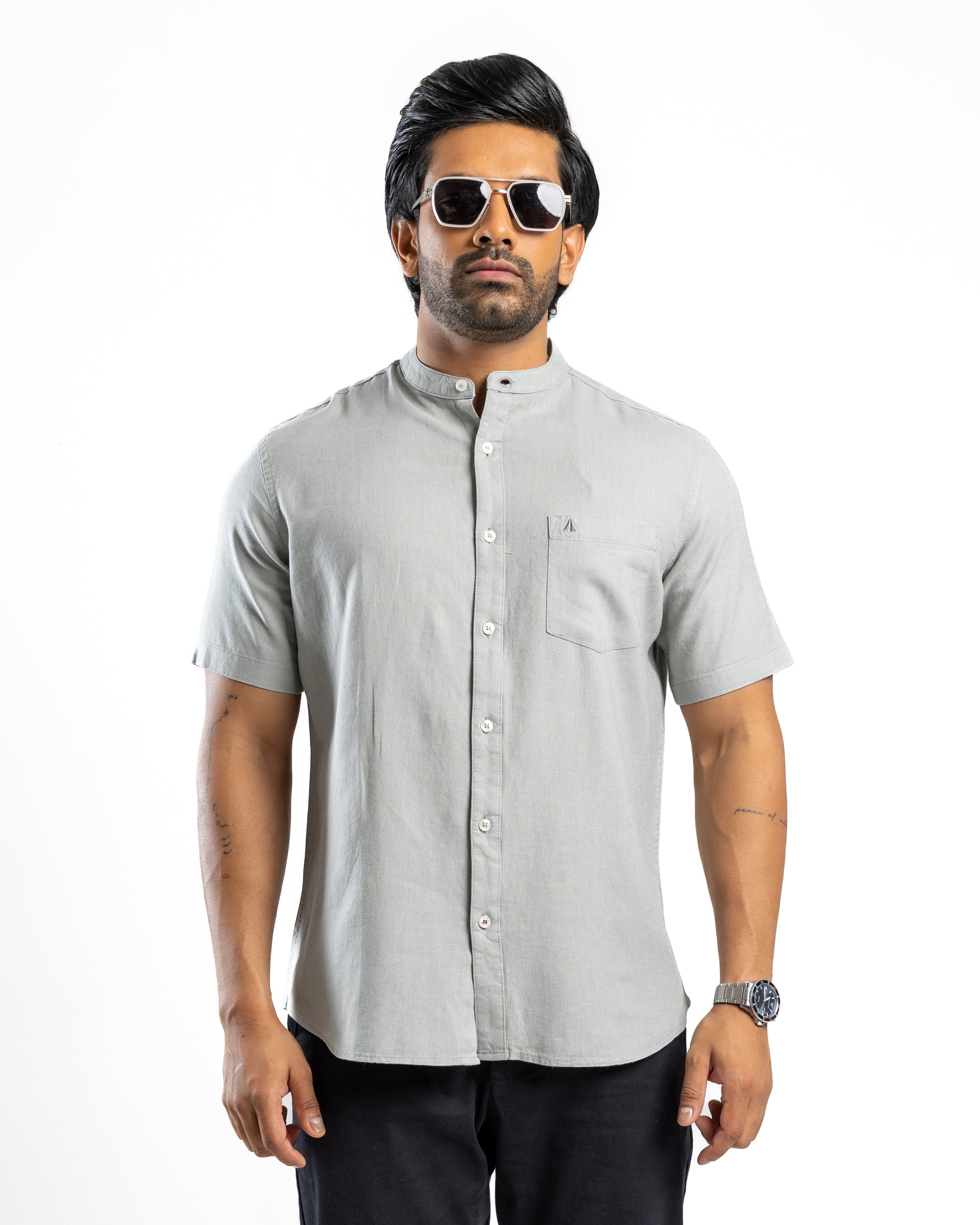 AnationZ Fluid Linen Chinese Collar Shirt - Slate Fog Sri Lanka