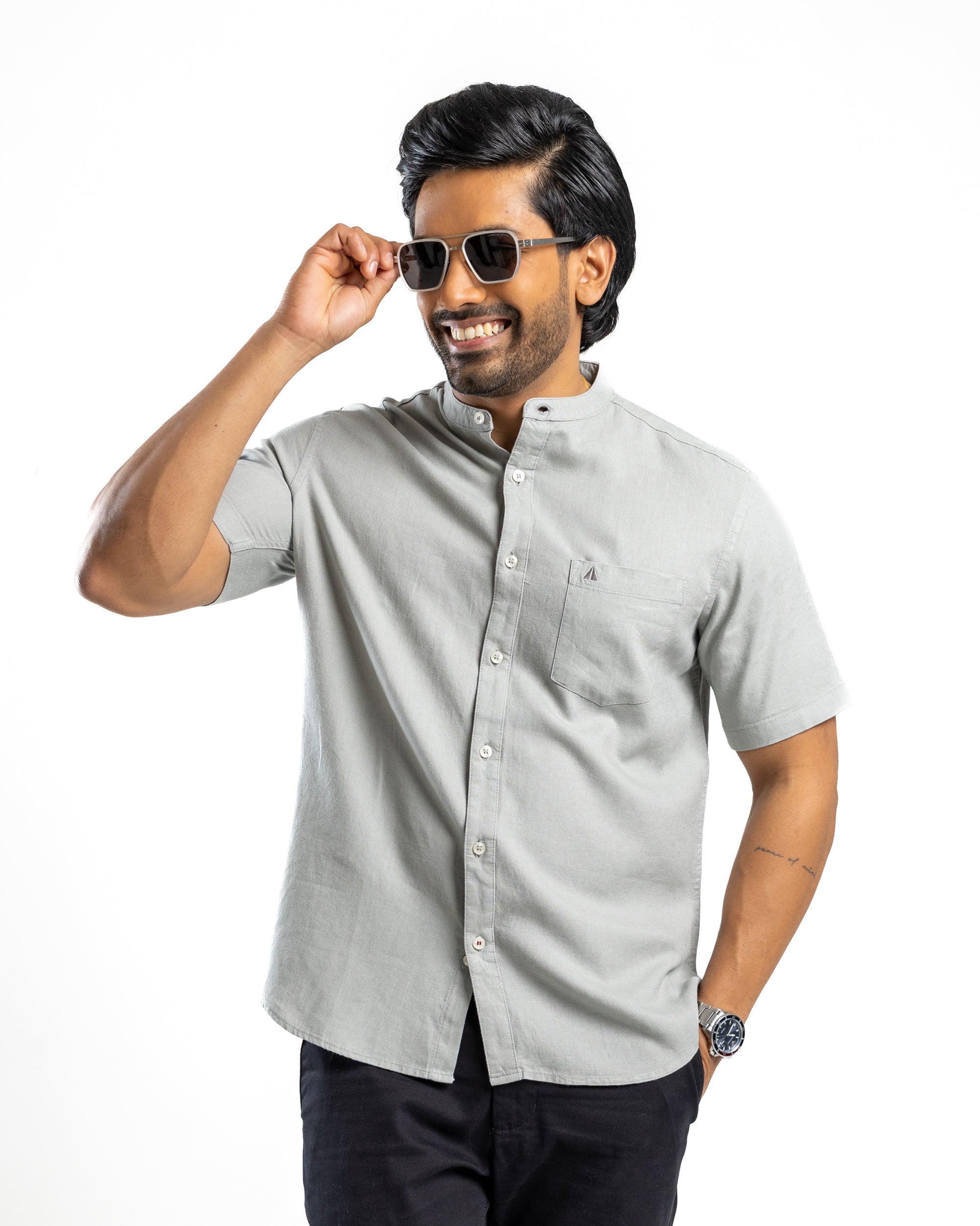 AnationZ Fluid Linen Chinese Collar Shirt - Slate Fog Sri Lanka