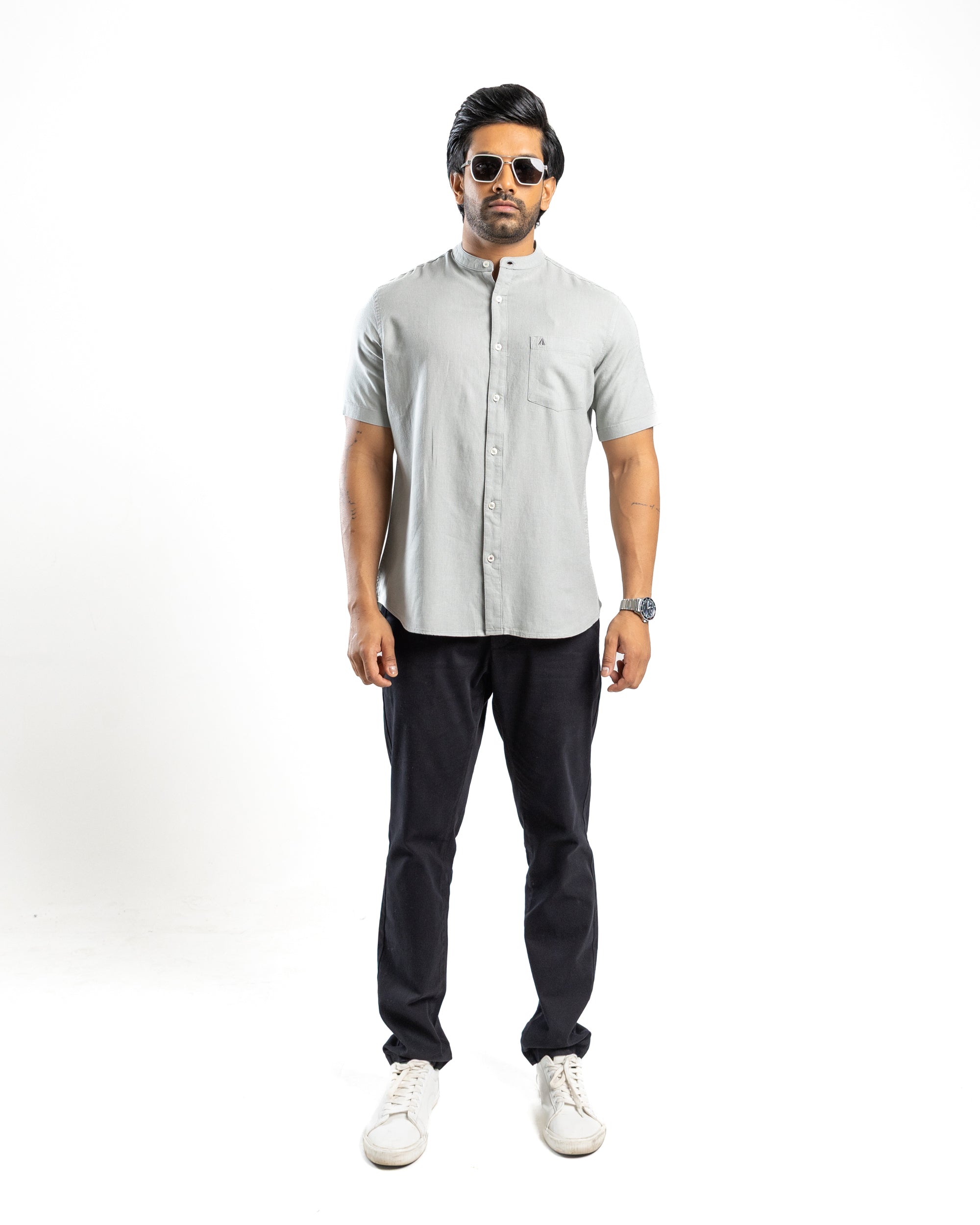 AnationZ Fluid Linen Chinese Collar Shirt - Slate Fog Sri Lanka