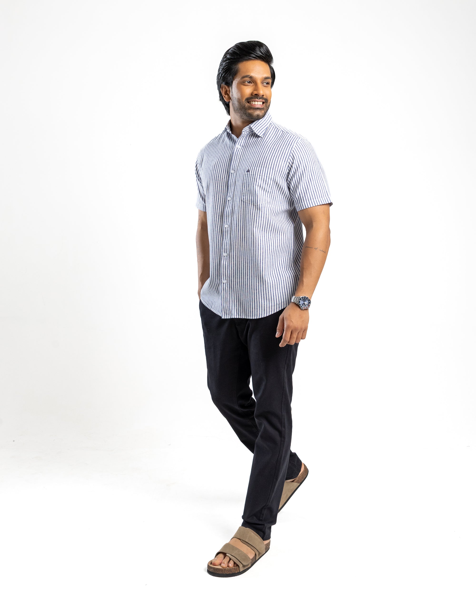 AnationZ Heritage Linen Stripe Short Sleeve Shirt - Midnight Ink Sri Lanka