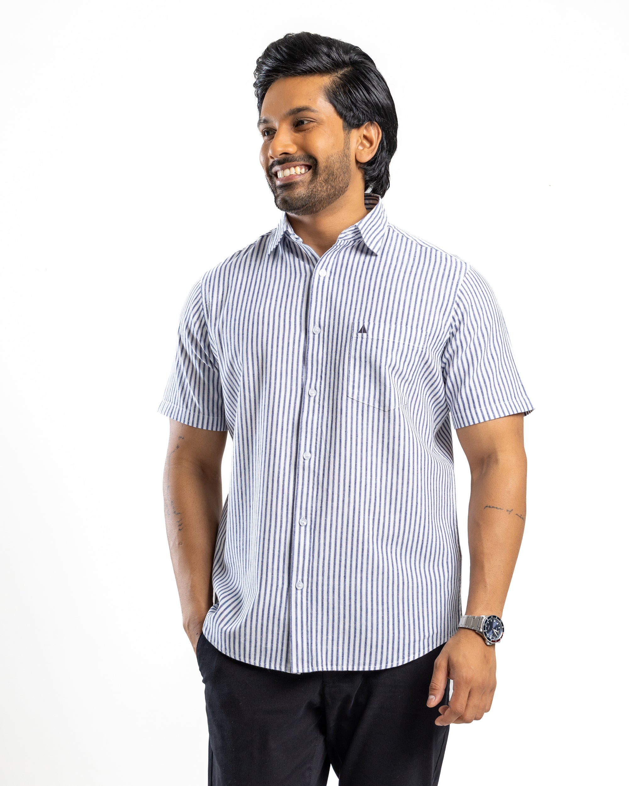 AnationZ Heritage Linen Stripe Short Sleeve Shirt - Midnight Ink Sri Lanka