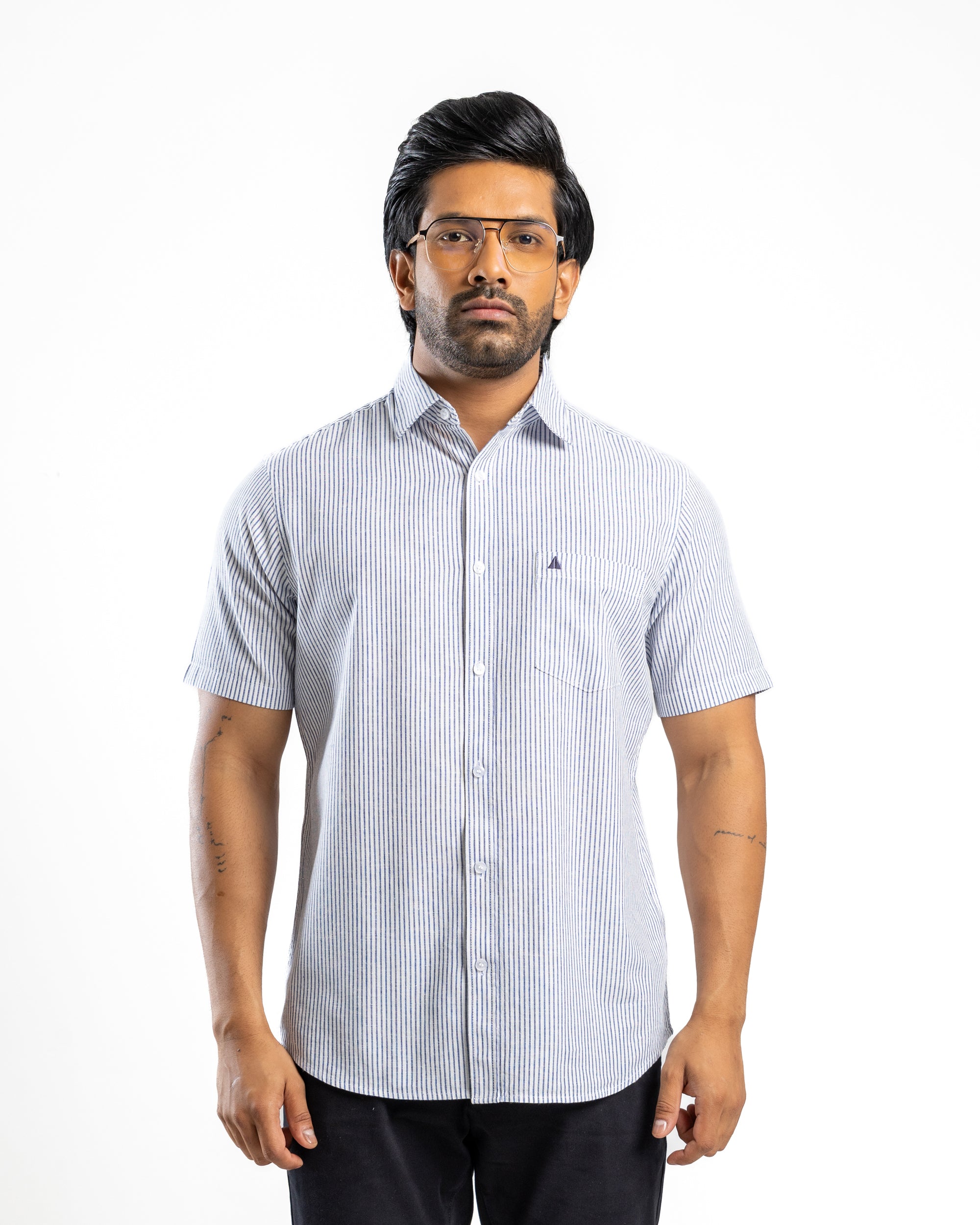 AnationZ Heritage Linen Stripe Short Sleeve Shirt - Clean White Sri Lanka
