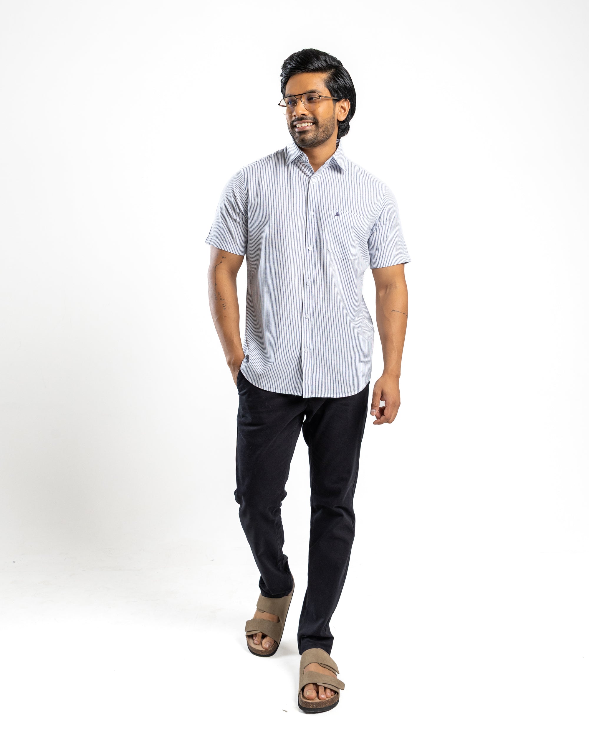 AnationZ Heritage Linen Stripe Short Sleeve Shirt - Clean White Sri Lanka