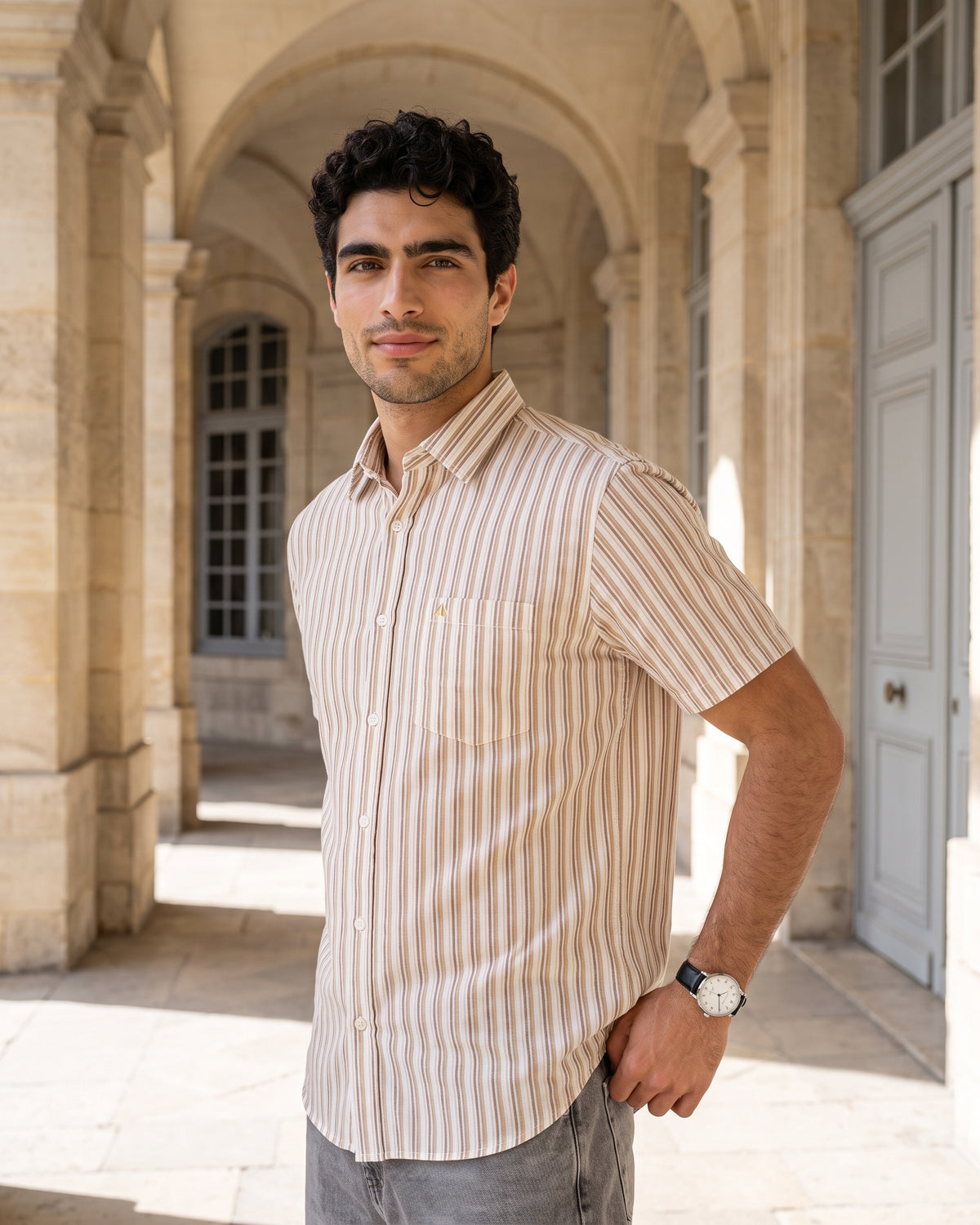 Linen Cotton Blend Stripe Short Sleeve Shirt | Warm Tobacco
