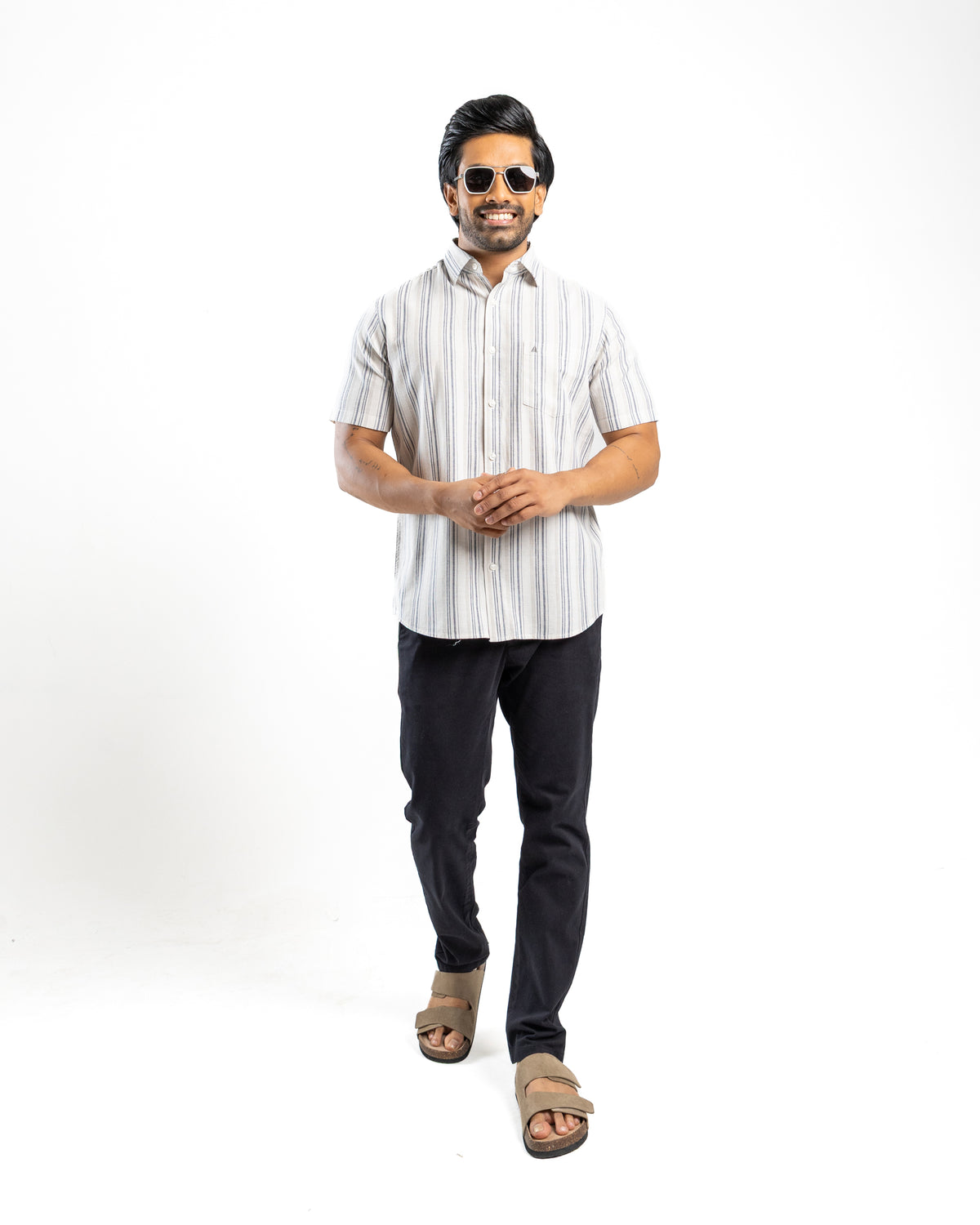 AnationZ Heritage Linen Stripe Short Sleeve Shirt - Chalk Mist Sri Lanka