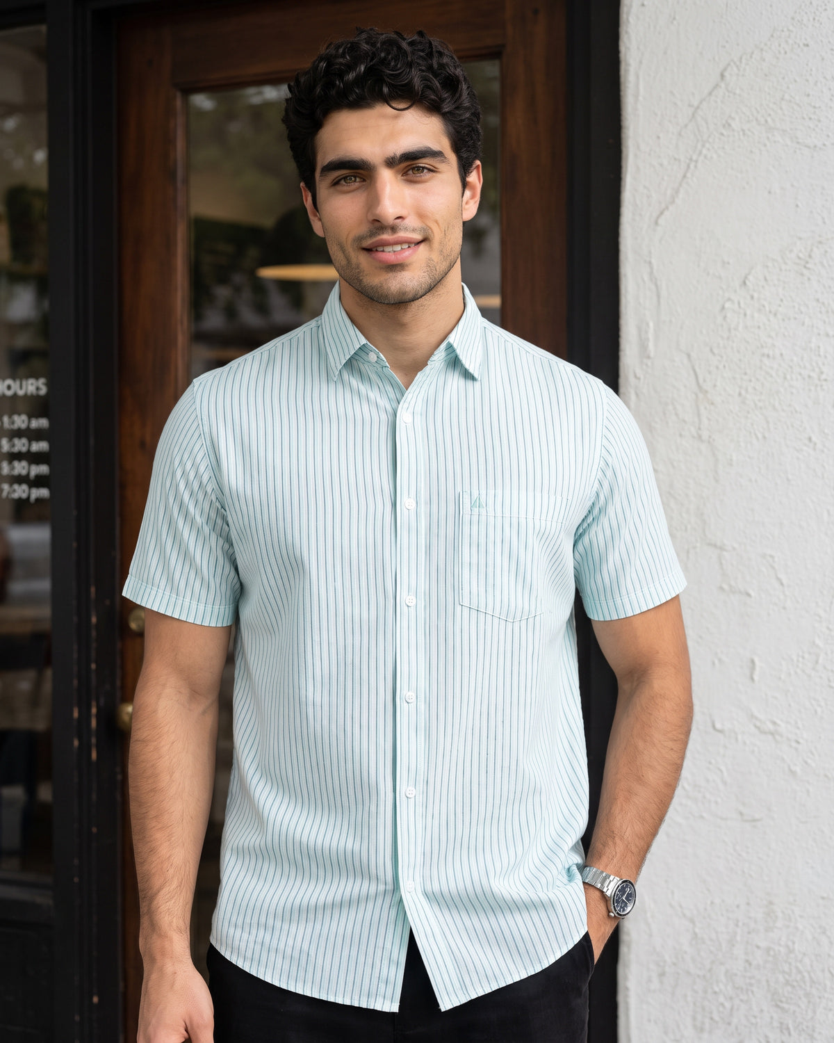 AnationZ Heritage Linen Stripe Short Sleeve Shirt - Teal Current Sri Lanka