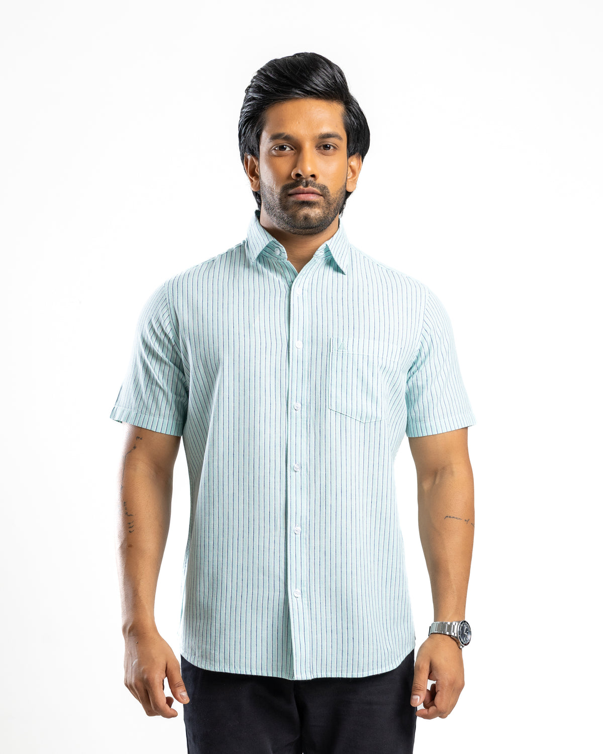 AnationZ Heritage Linen Stripe Short Sleeve Shirt - Teal Current Sri Lanka