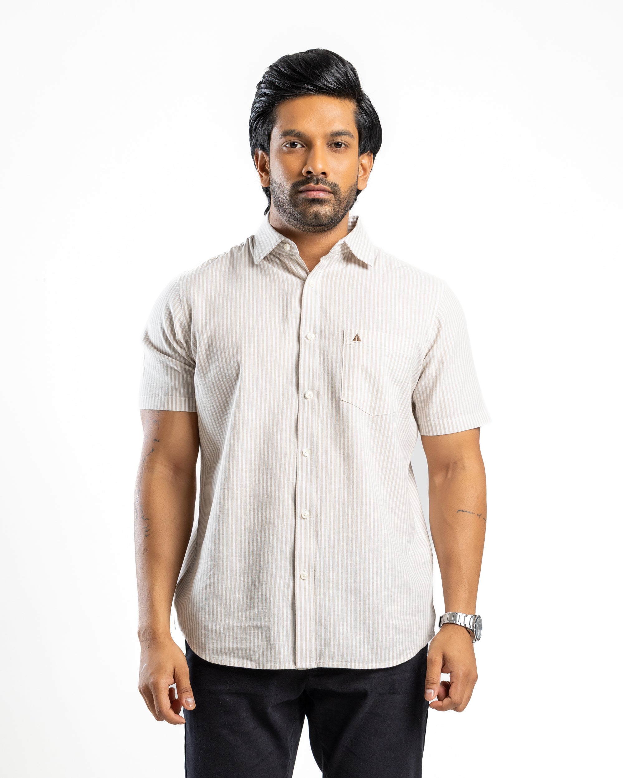 AnationZ Heritage Linen Stripe Short Sleeve Shirt - Weathered Linen Sri Lanka