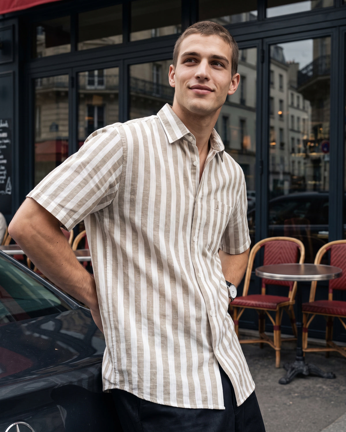 Heritage Linen Stripe Short Sleeve Shirt - Aged Ivory