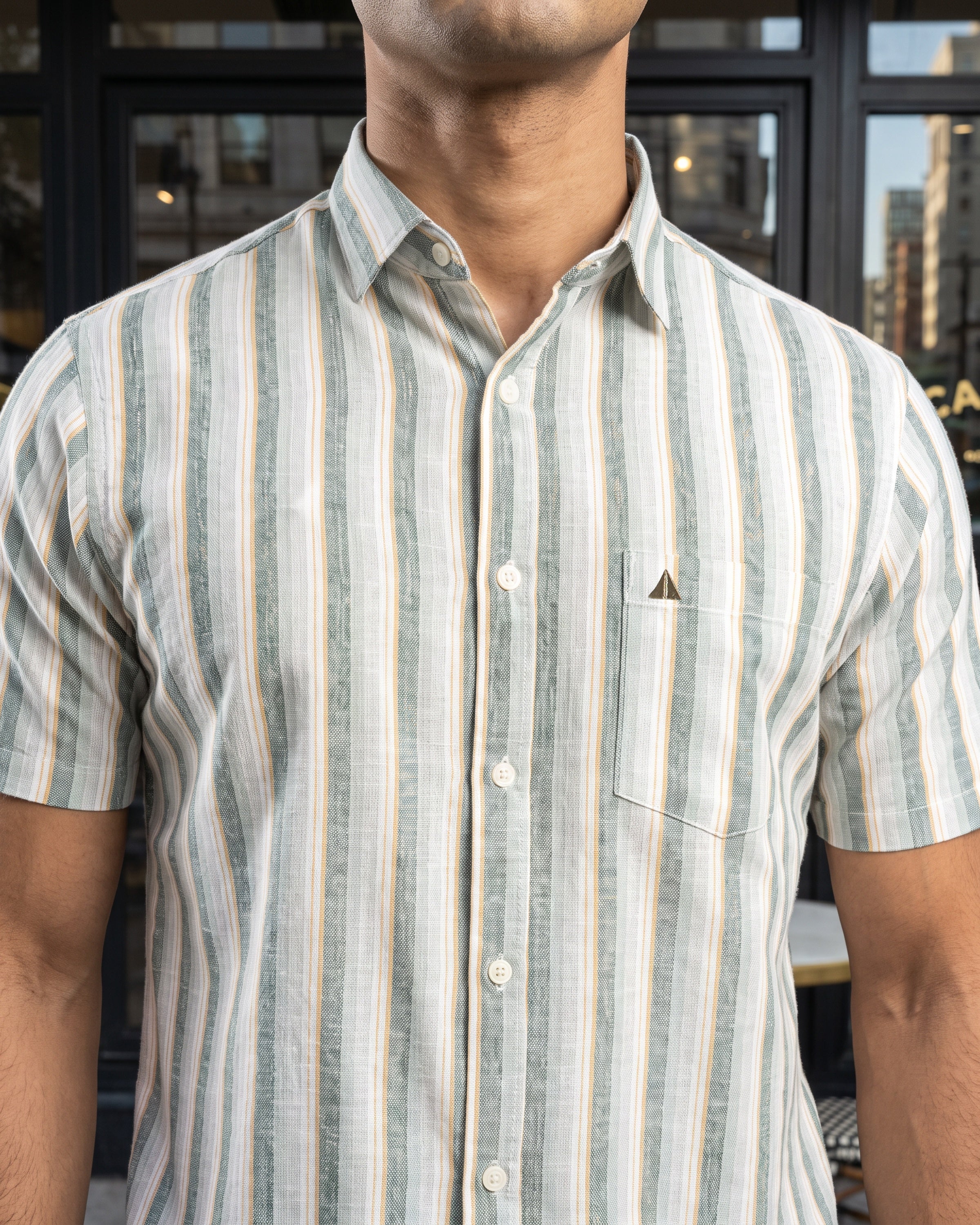 AnationZ Heritage Linen Stripe Short Sleeve Shirt - Deep Canopy Sri Lanka