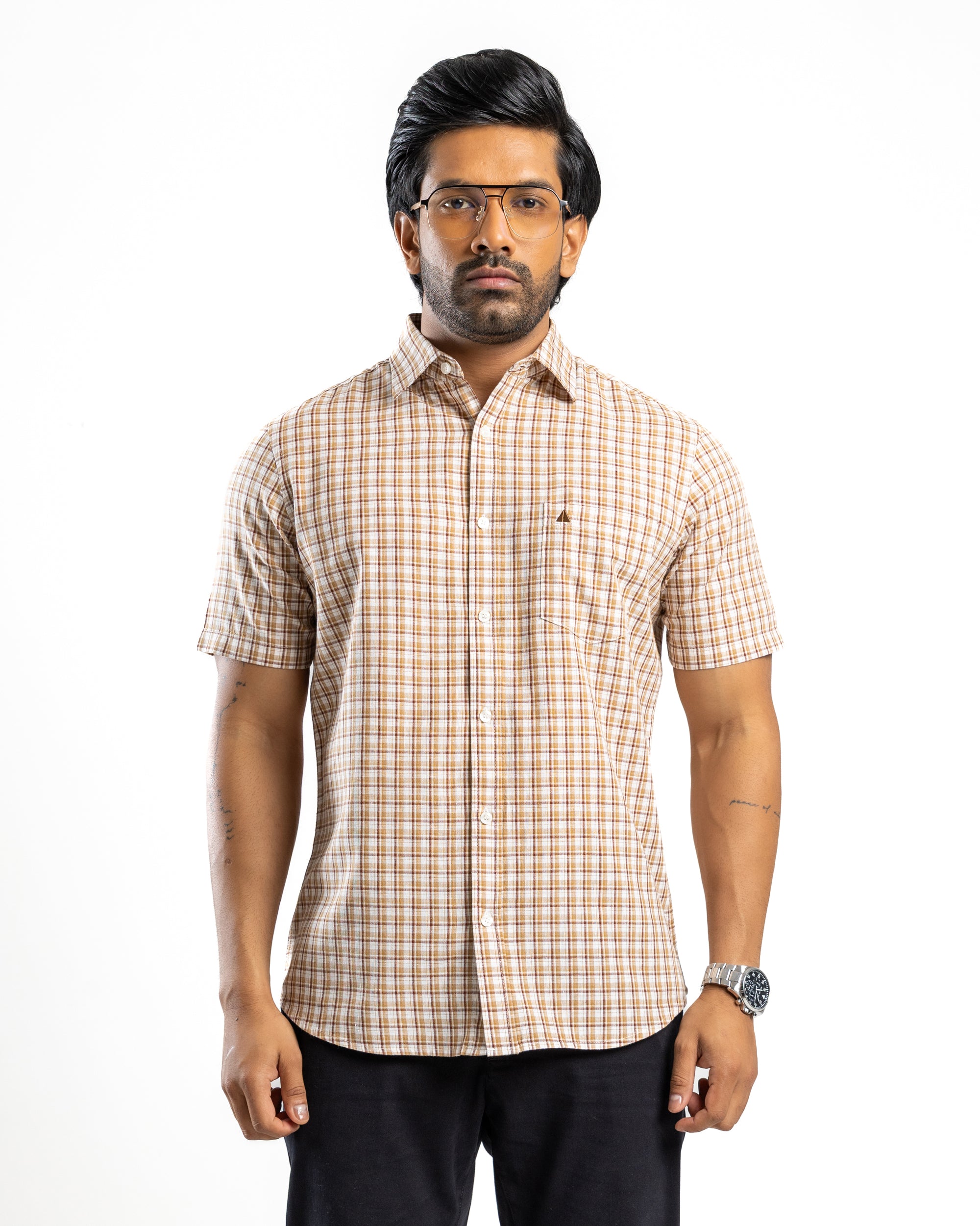 AnationZ Heritage Linen Check Short Sleeve Shirt - Warm Tobacco Sri Lanka