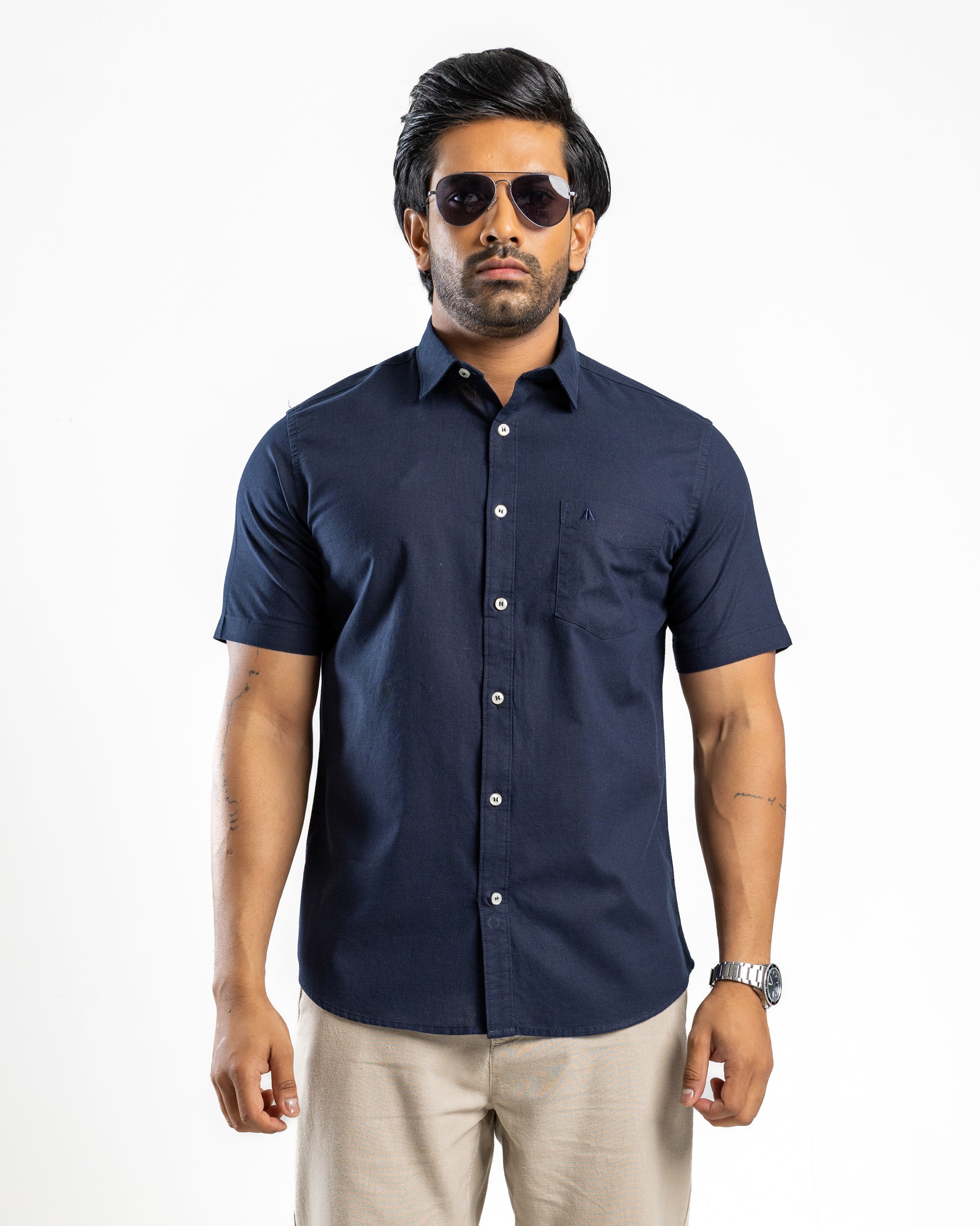 AnationZ Heritage Linen Slub Short Sleeve Shirt - Midnight Ink Sri Lanka