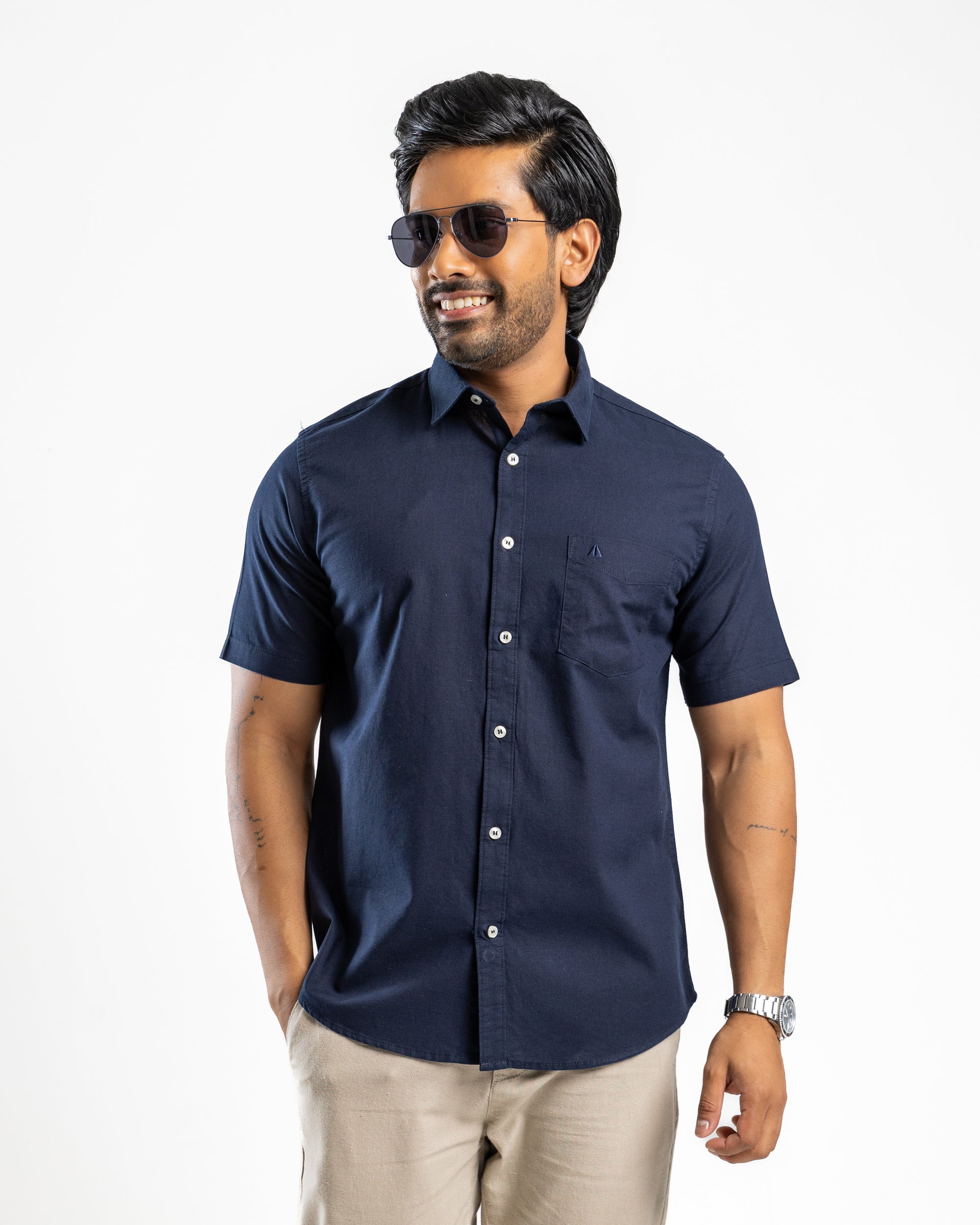 AnationZ Heritage Linen Slub Short Sleeve Shirt - Midnight Ink Sri Lanka
