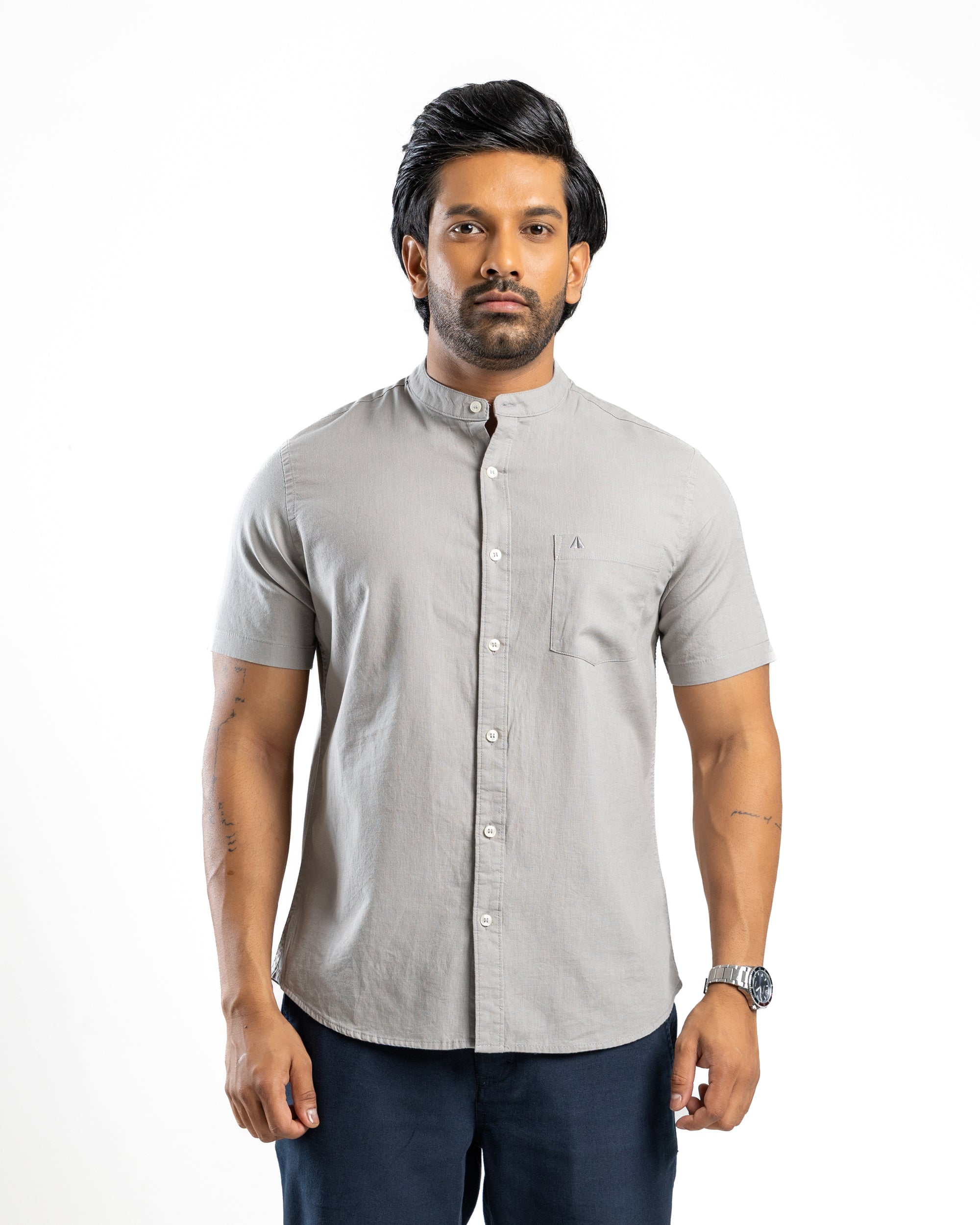 Slub Linen Blend Short Sleeve Shirt | Storm Dust