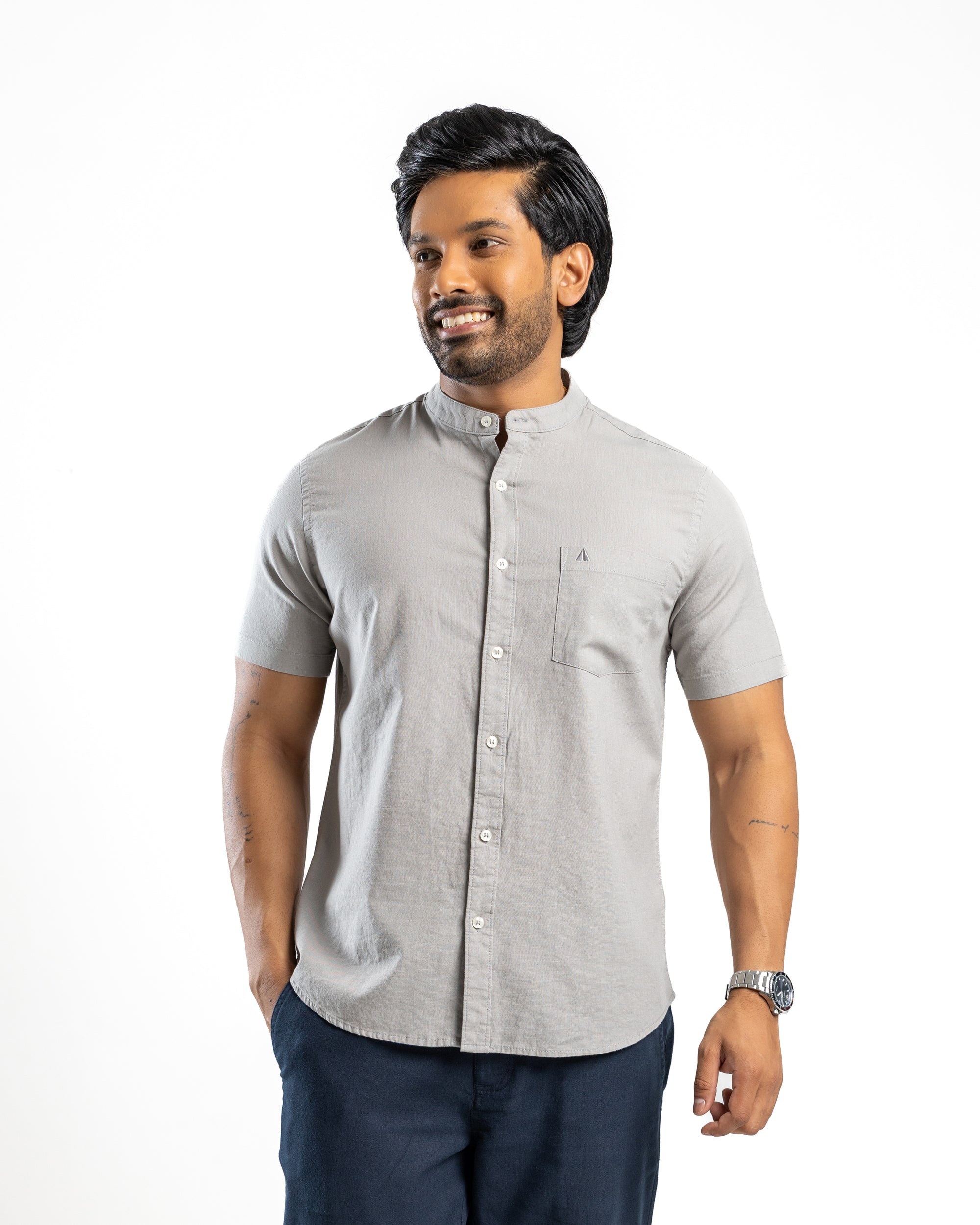 Slub Linen Blend Short Sleeve Shirt | Storm Dust