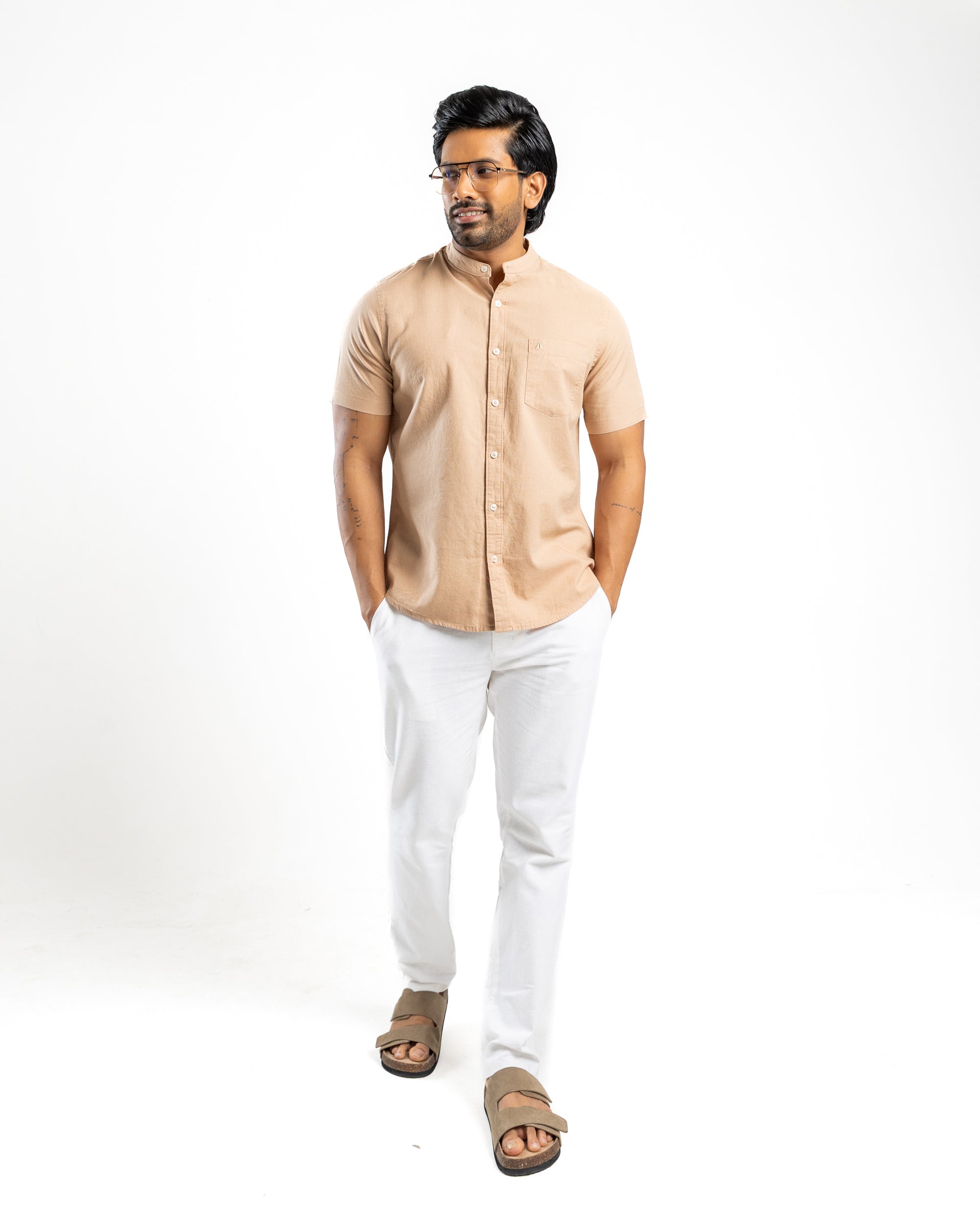 Slub Linen Blend Short Sleeve Shirt | Warm Tobacco