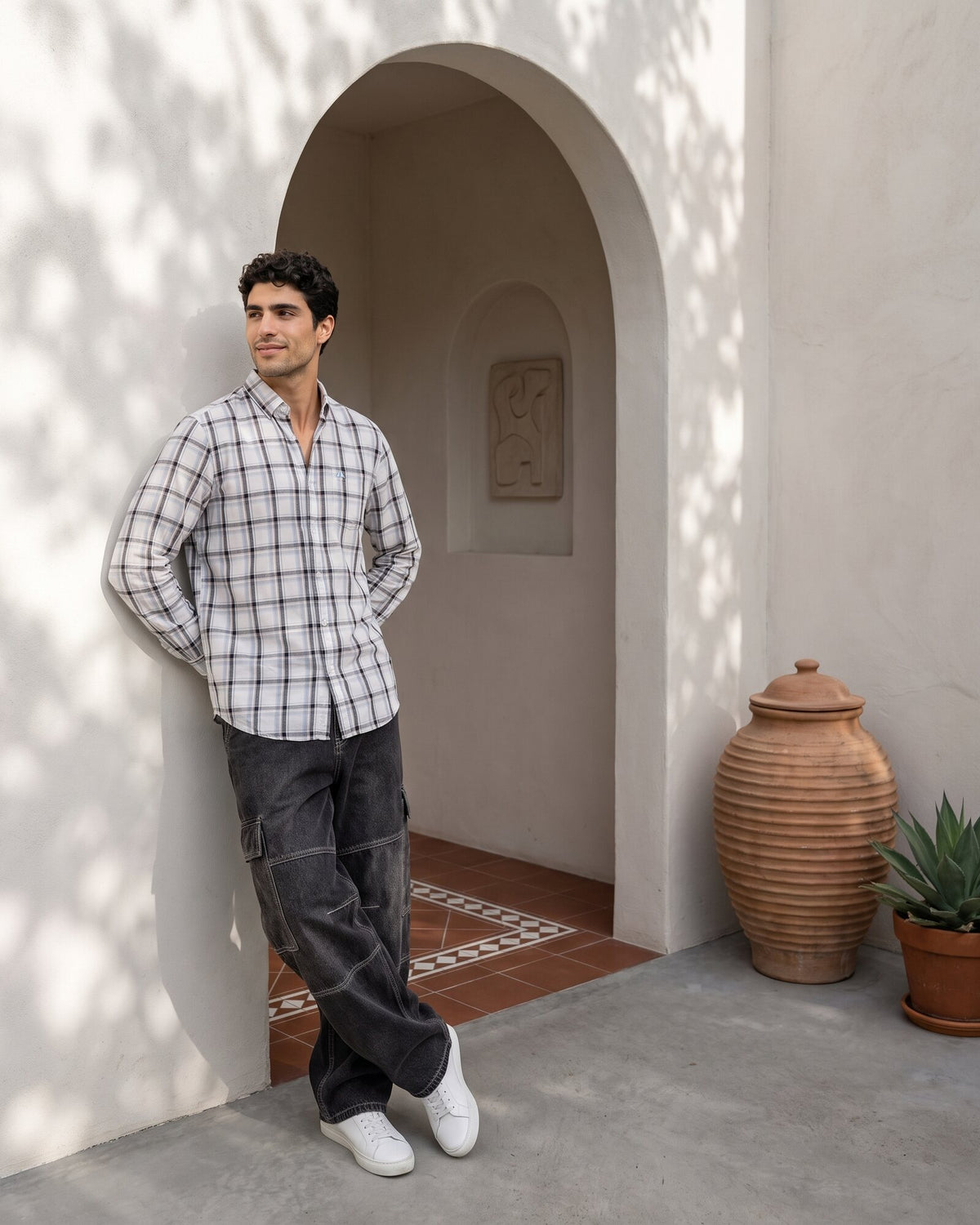 Essential Cotton Check Long Sleeve Shirt – Open Sky (3 of 4)