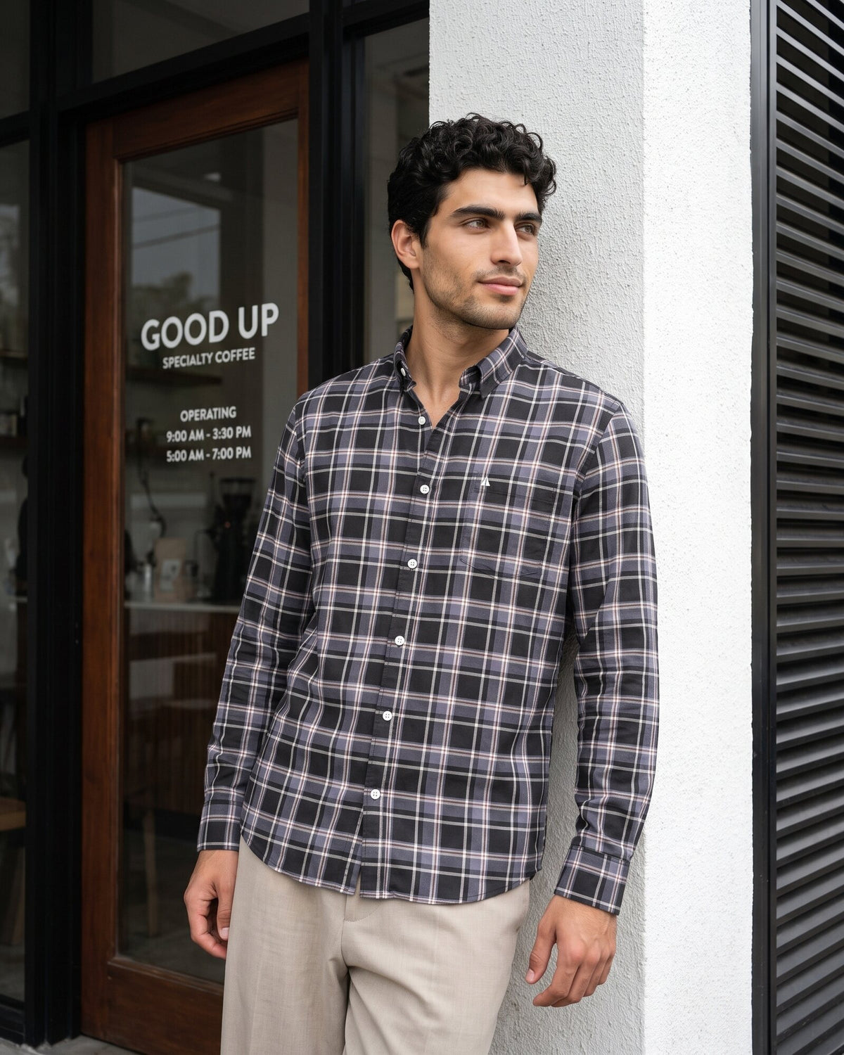 Essential Cotton Check Long Sleeve Shirt – Midnight Onyx (3 of 4)