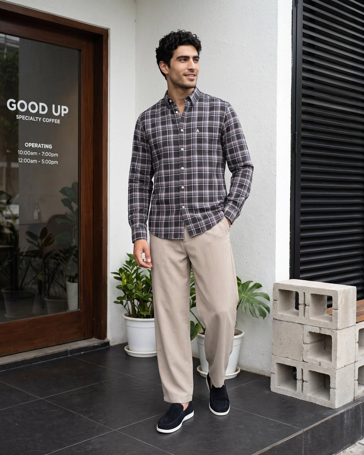 Essential Cotton Check Long Sleeve Shirt – Midnight Onyx (4 of 4)