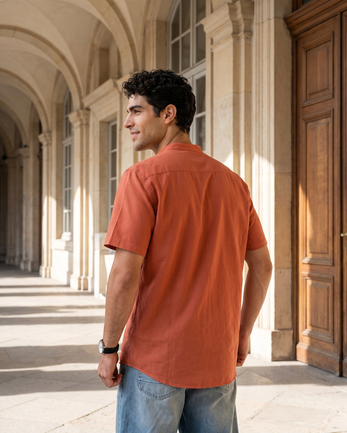 Generous Heritage Linen Chinese Collar Short Sleeve Shirt - Teak