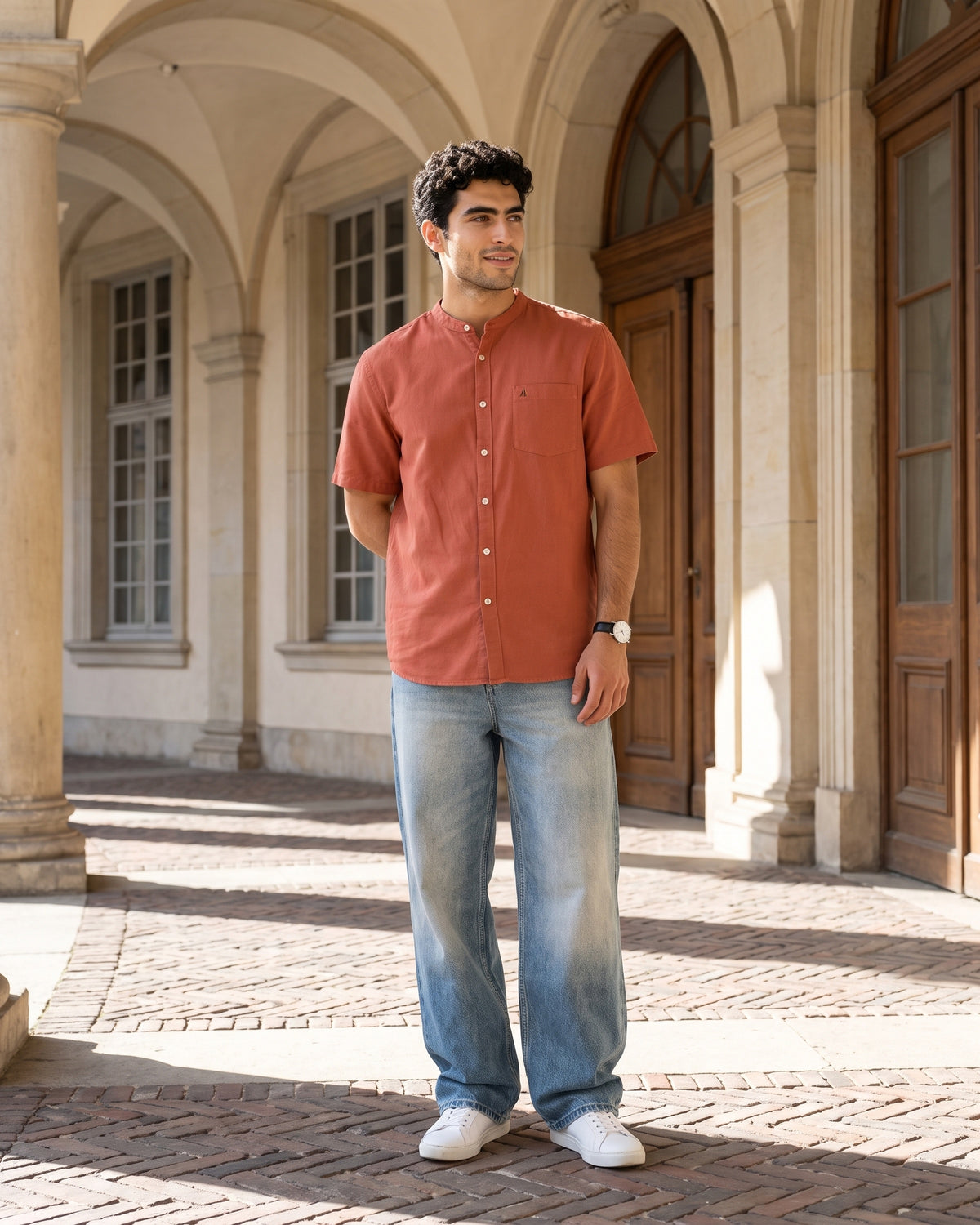 Generous Heritage Linen Chinese Collar Short Sleeve Shirt - Teak